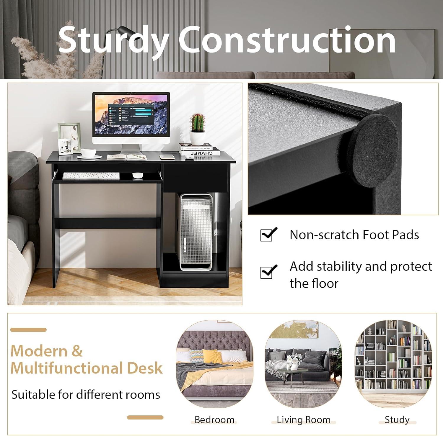 Tangkula Computer Desk w/ Keyboard Tray Large Drawer Home Office Desk w/ Adjustable Shelf & Cable Hole Study Desk