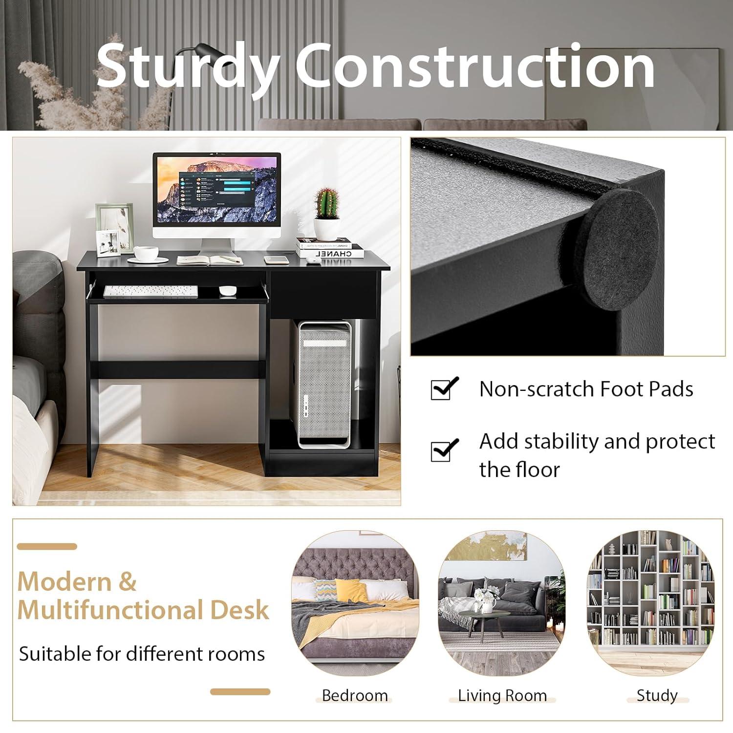 Tangkula Computer Desk w/ Keyboard Tray Large Drawer Home Office Desk w/ Adjustable Shelf & Cable Hole Study Desk