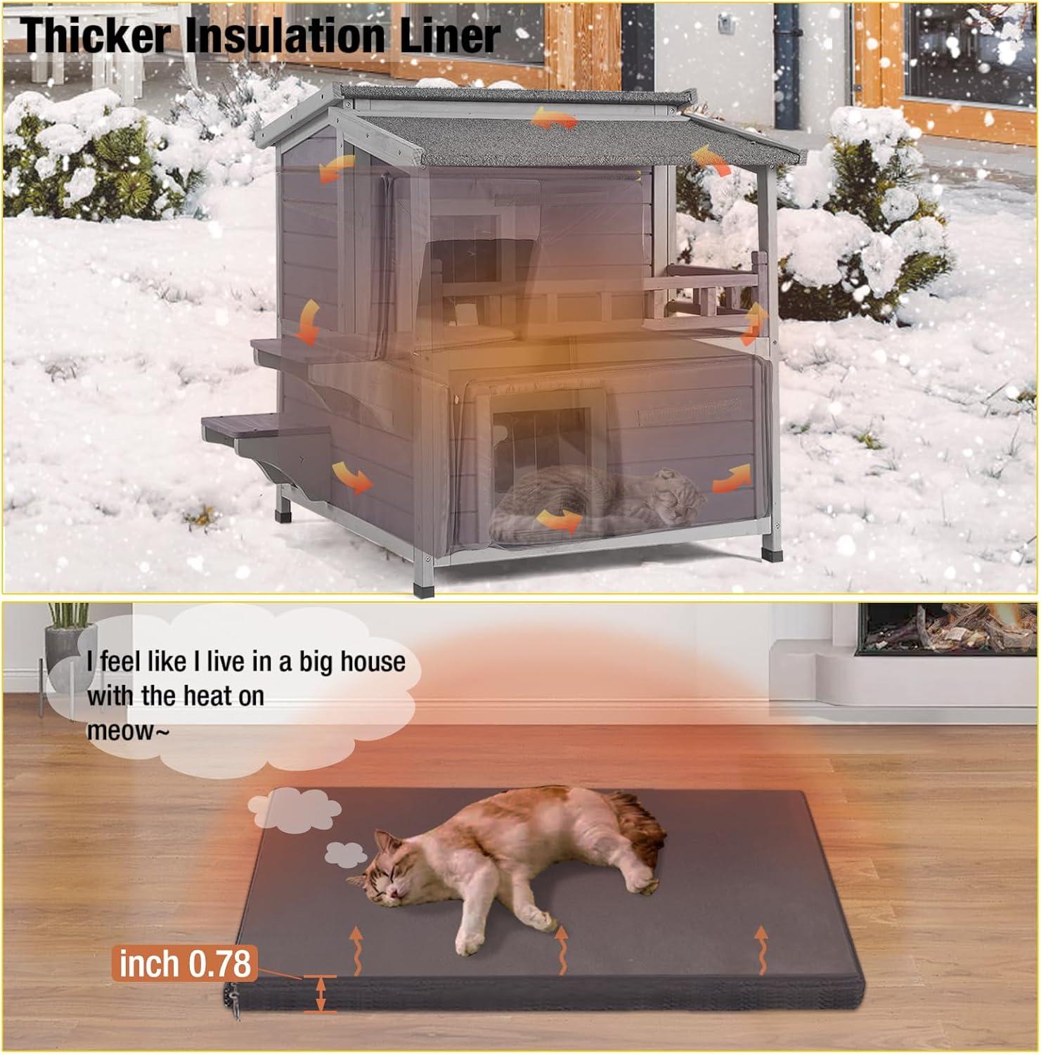 Insulated Two-Story Gray Outdoor Cat House with PVC Door