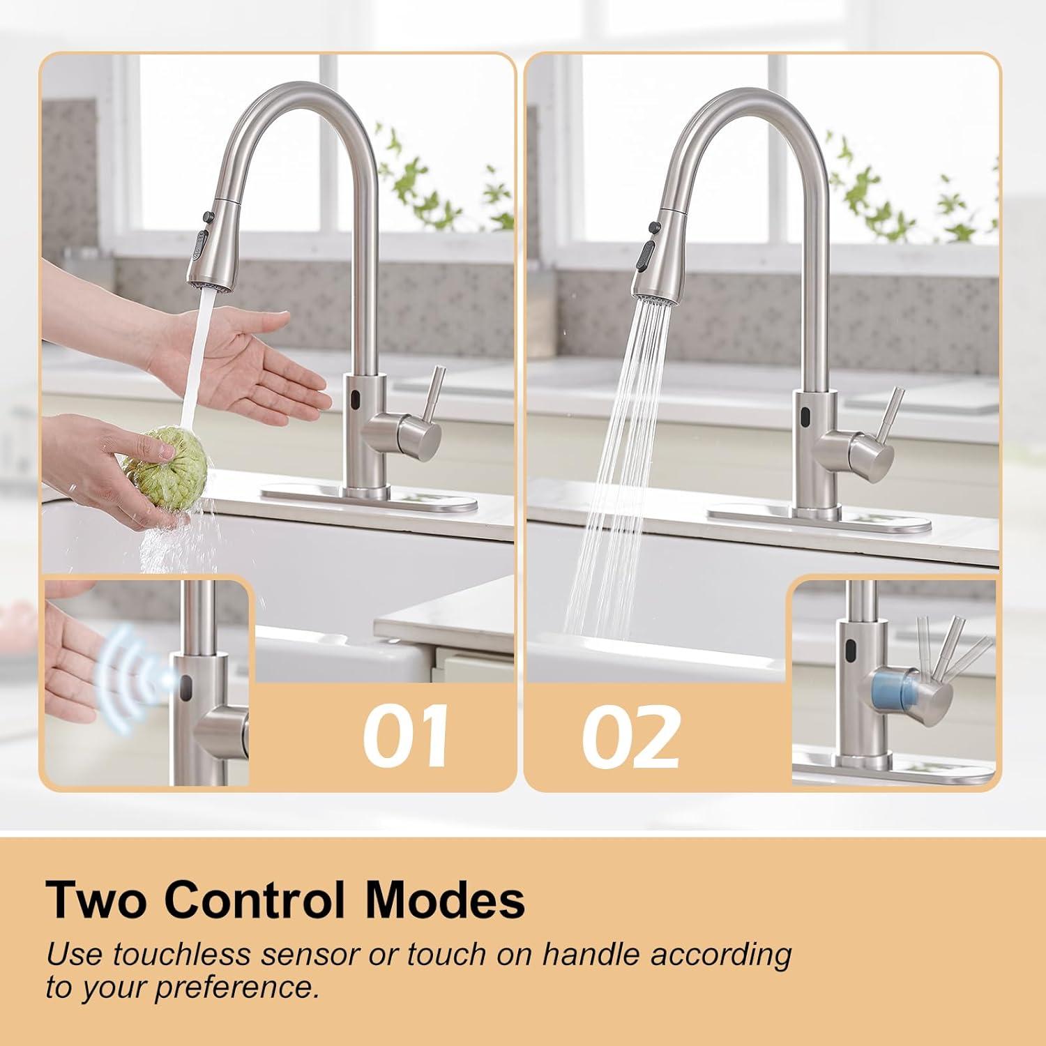 Brushed Nickel Touchless Pull-Down Kitchen Faucet with Spray