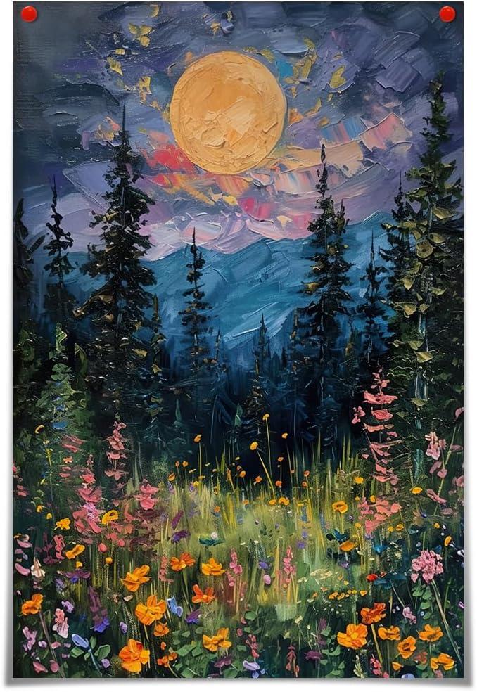 SFAOHPR Mystical Moon and Wildflowers Canvas Wall art Nature Flowers Oil Painting posters for room aesthetic Room Aesthetics Posters for Bedroom living room Home Decor ﻿12x16inch Unframed
