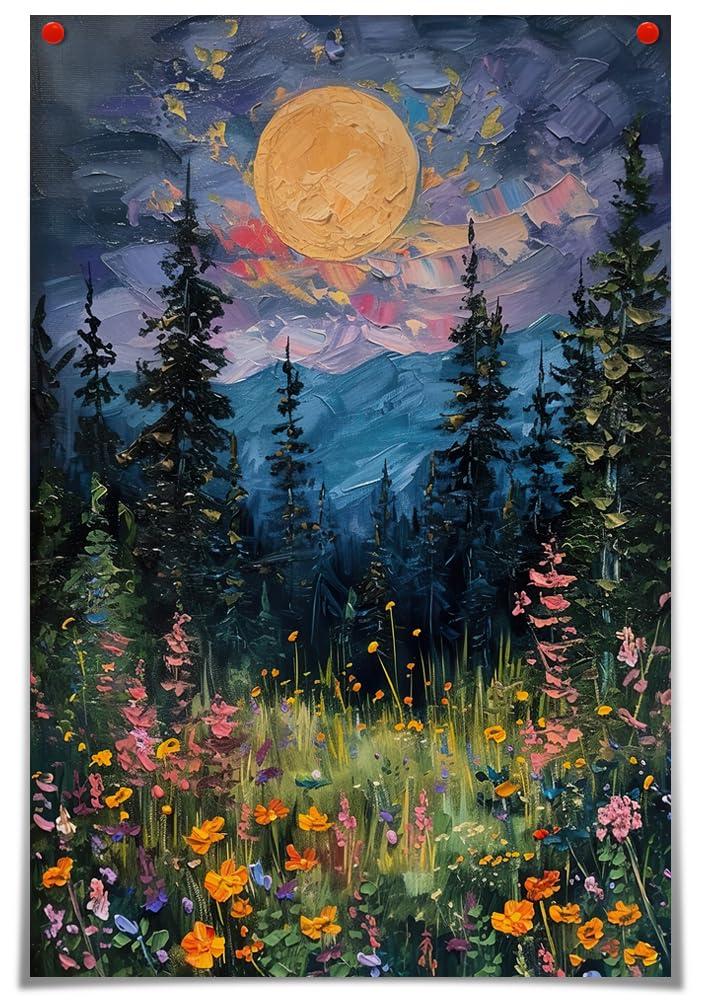 SFAOHPR Mystical Moon and Wildflowers Canvas Wall art Nature Flowers Oil Painting posters for room aesthetic Room Aesthetics Posters for Bedroom living room Home Decor ﻿12x16inch Unframed