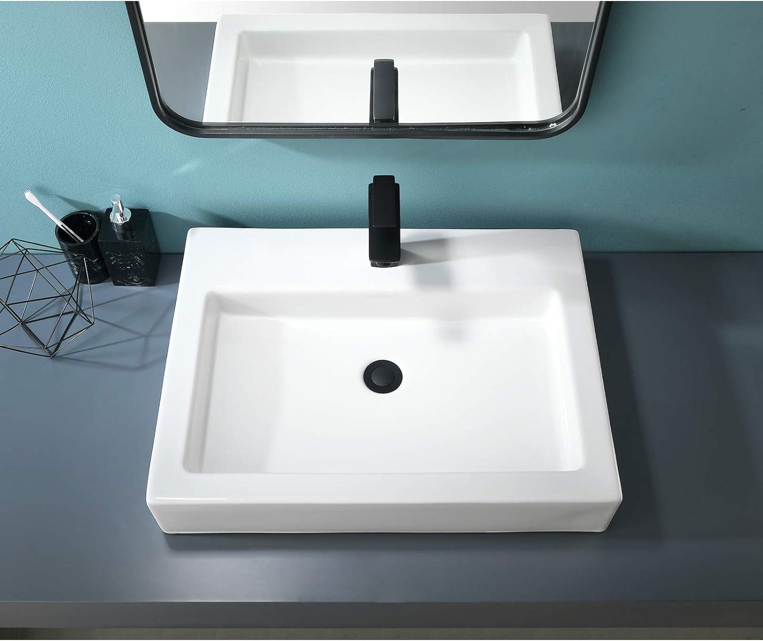 Rectangular White Ceramic Above-Counter Bathroom Sink with Faucet Hole