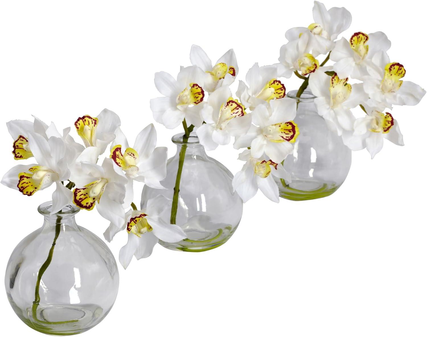 Nearly Natural Cymbidium with Vase Silk Flower Arrangement (Set of 3)