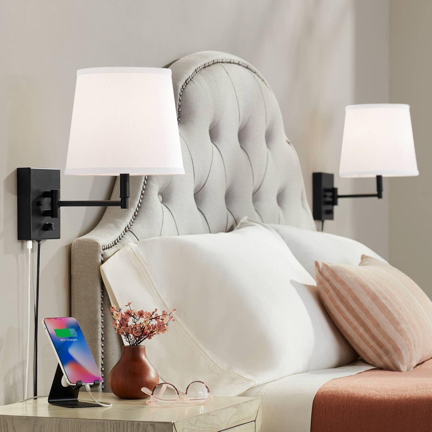 360 Lighting Lanett Modern Swing Arm Wall Lamps Set of 2 Black Plug-in Light Fixture with USB Charging Port White Lamp Shade for Bedroom Living Room