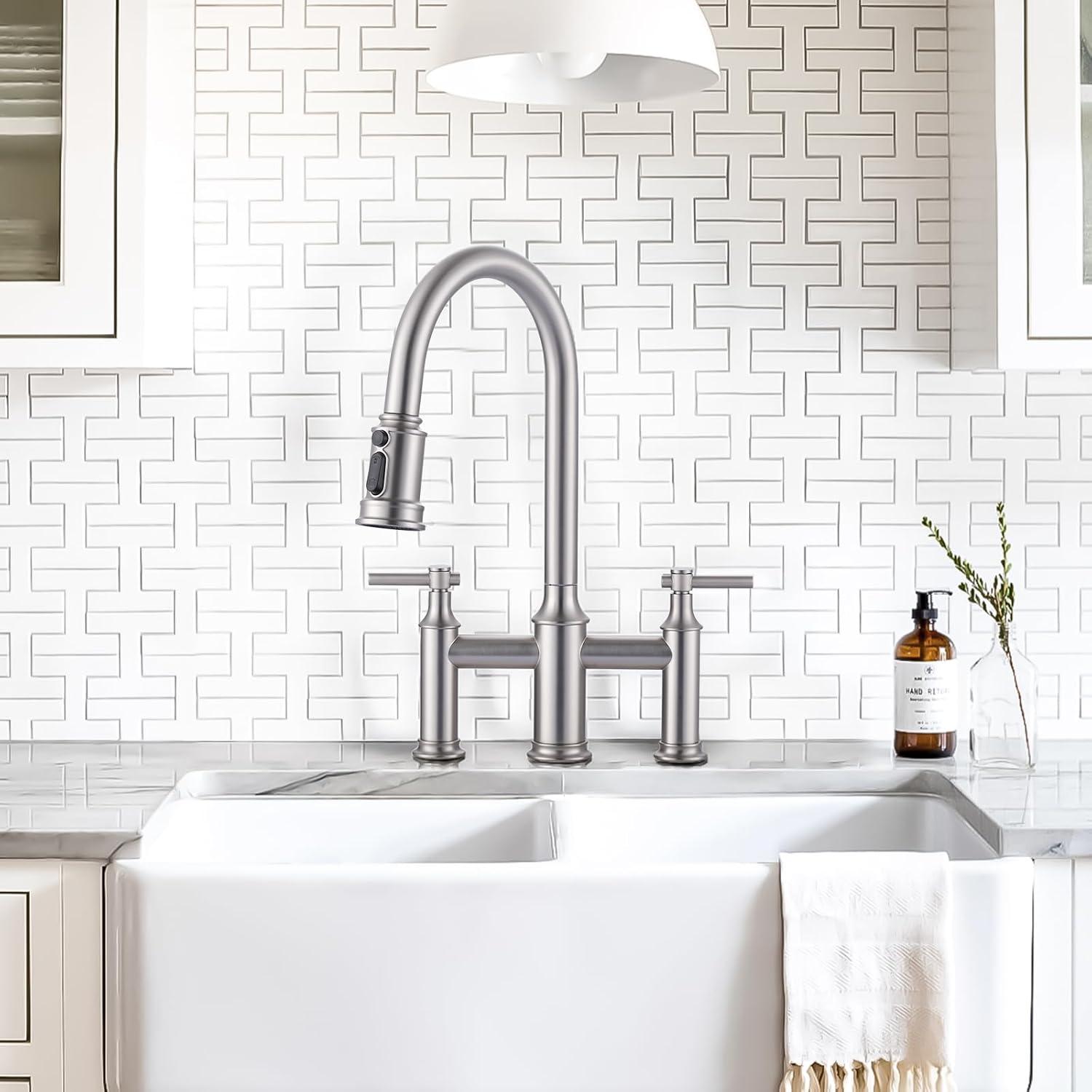 Brushed Nickel Bridge Kitchen Faucet: 3 Holes Kitchen Faucet with Pull Down Sprayer - Two Handles 8 Inch Centerset Kitchen Sink Faucet, 360° Swivel Spout