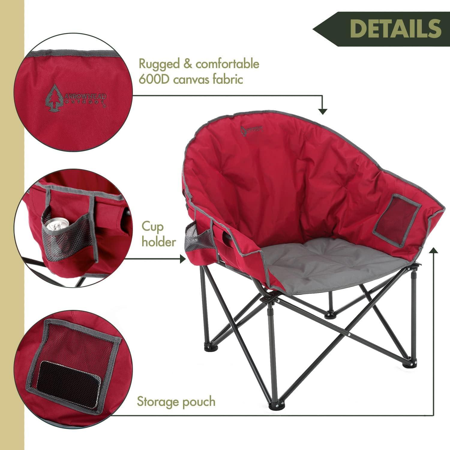 ARROWHEAD OUTDOOR Oversized Heavy-Duty Club Folding Camping Chair w/ External Pocket, Cup Holder, Portable, Padded, Moon, Round, Saucer, Supports 330lbs, Carrying Bag, USA-Based Support (Burgundy Red)