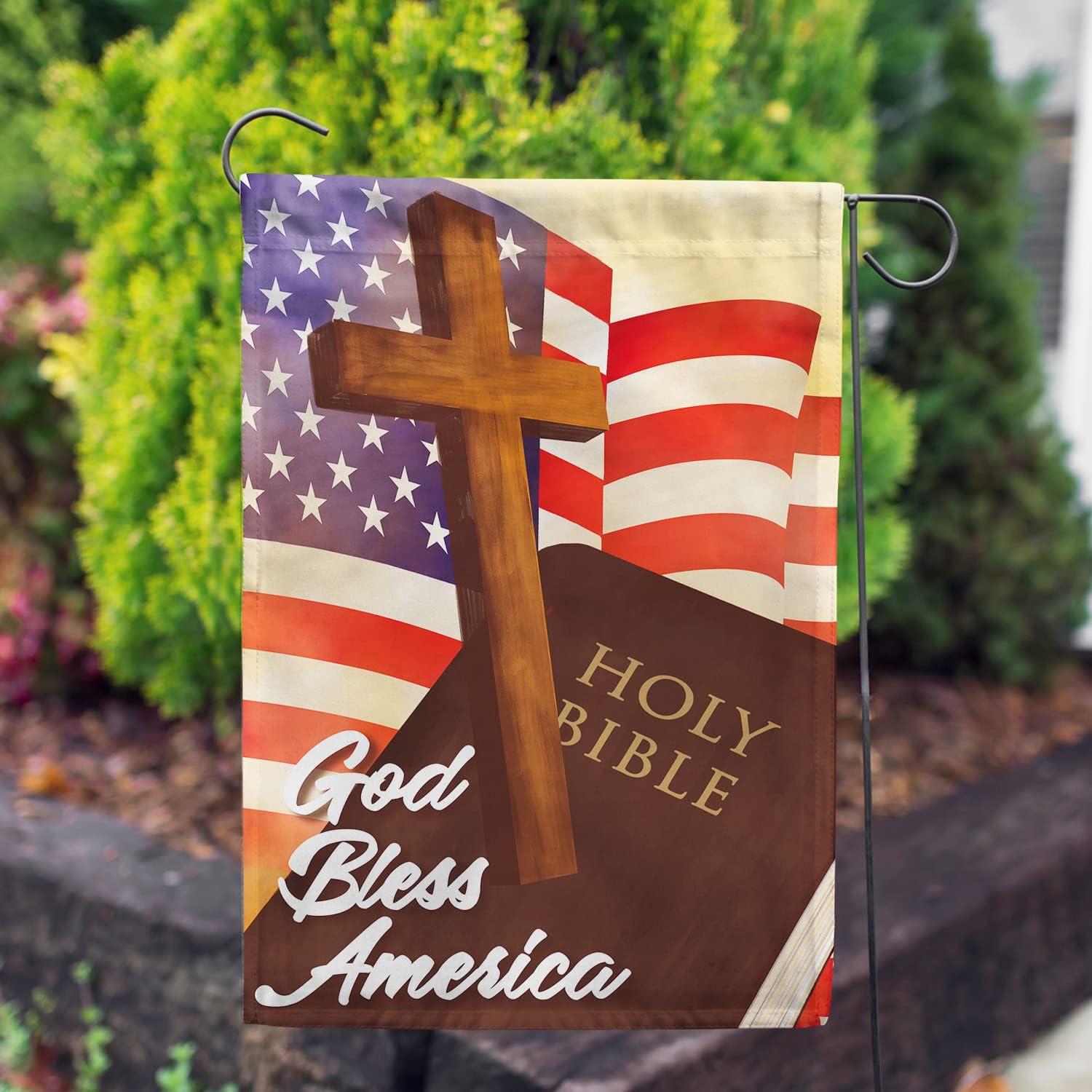 American Forever Garden Flag - God Bless America, 4th of July Patriotic, USA Religious Holy Cross , 12.5" x 18", Double Sided Americana Inspirational Seasonal Yard Outdoor Decorative Flag