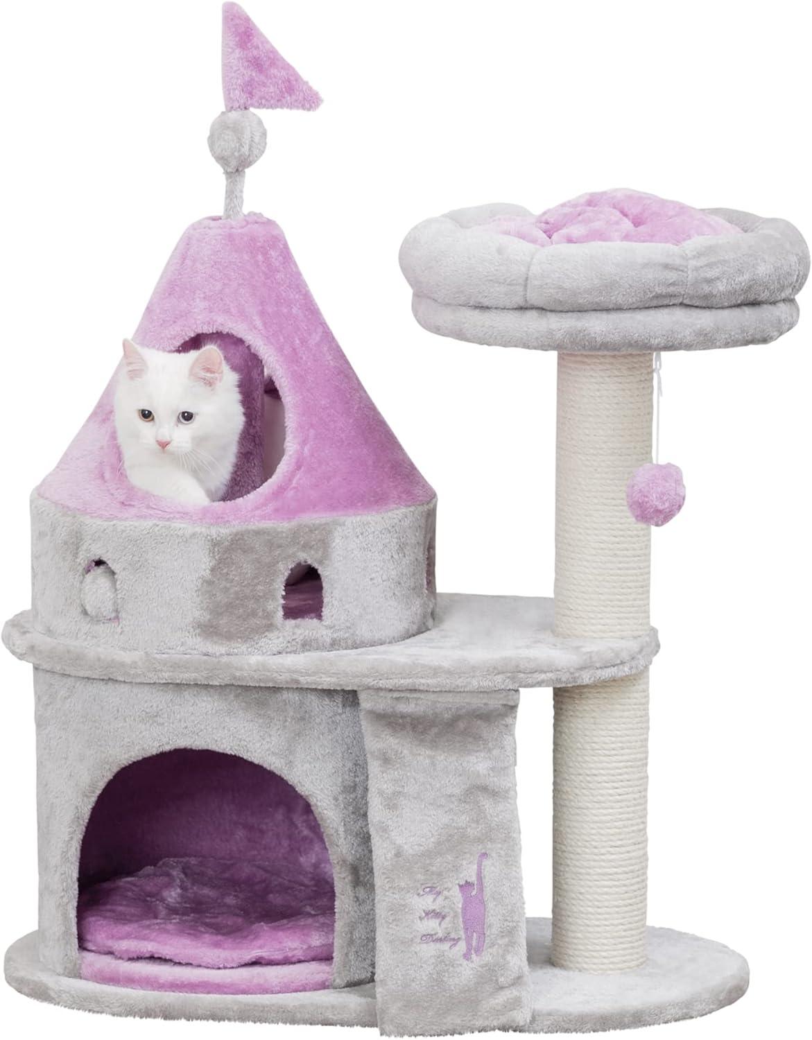 TRIXIE My Kitty Darling Castle Condo, Plush Cat Tree, Sisal Scratching Post, Removable Bed, Crinkling Blanket, Cat Toy