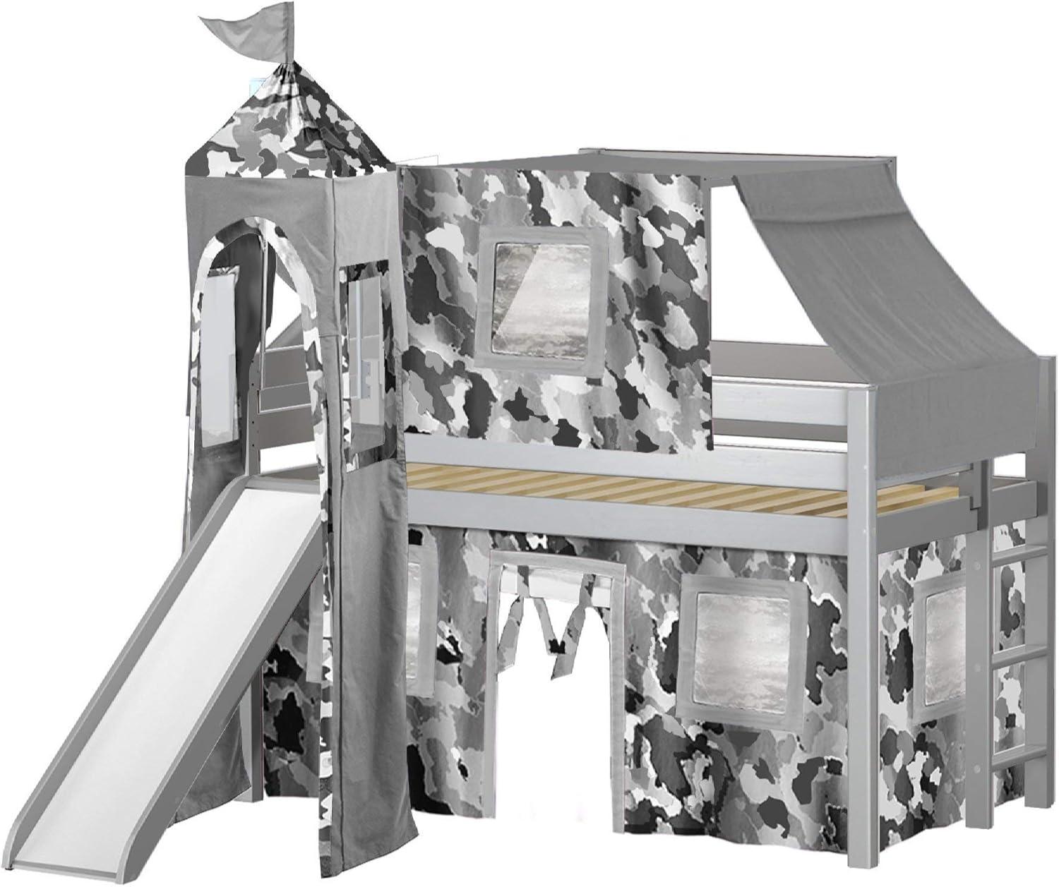 Gray Pine Twin Loft Bed with Slide and Camo Tent