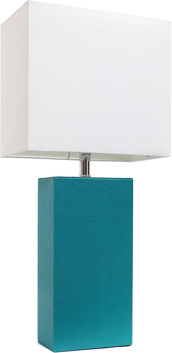 Elegant Designs Modern Leather Table Lamp with White Fabric Shade, Teal