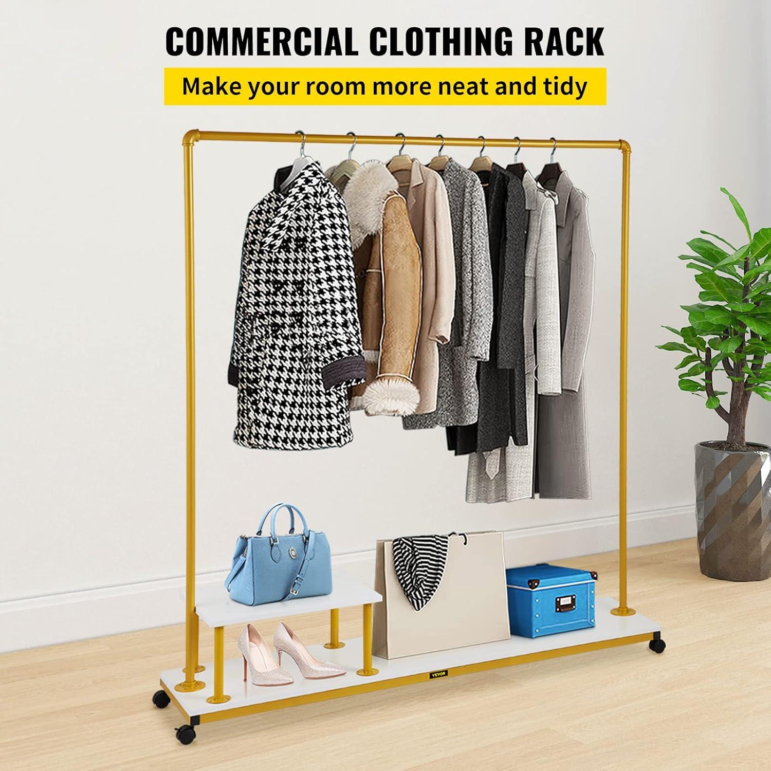 VEVOR Heavy-Duty Clothing Garment Rack with Wheels and Shelves - Gold, 59.1"x14.2"x63.0