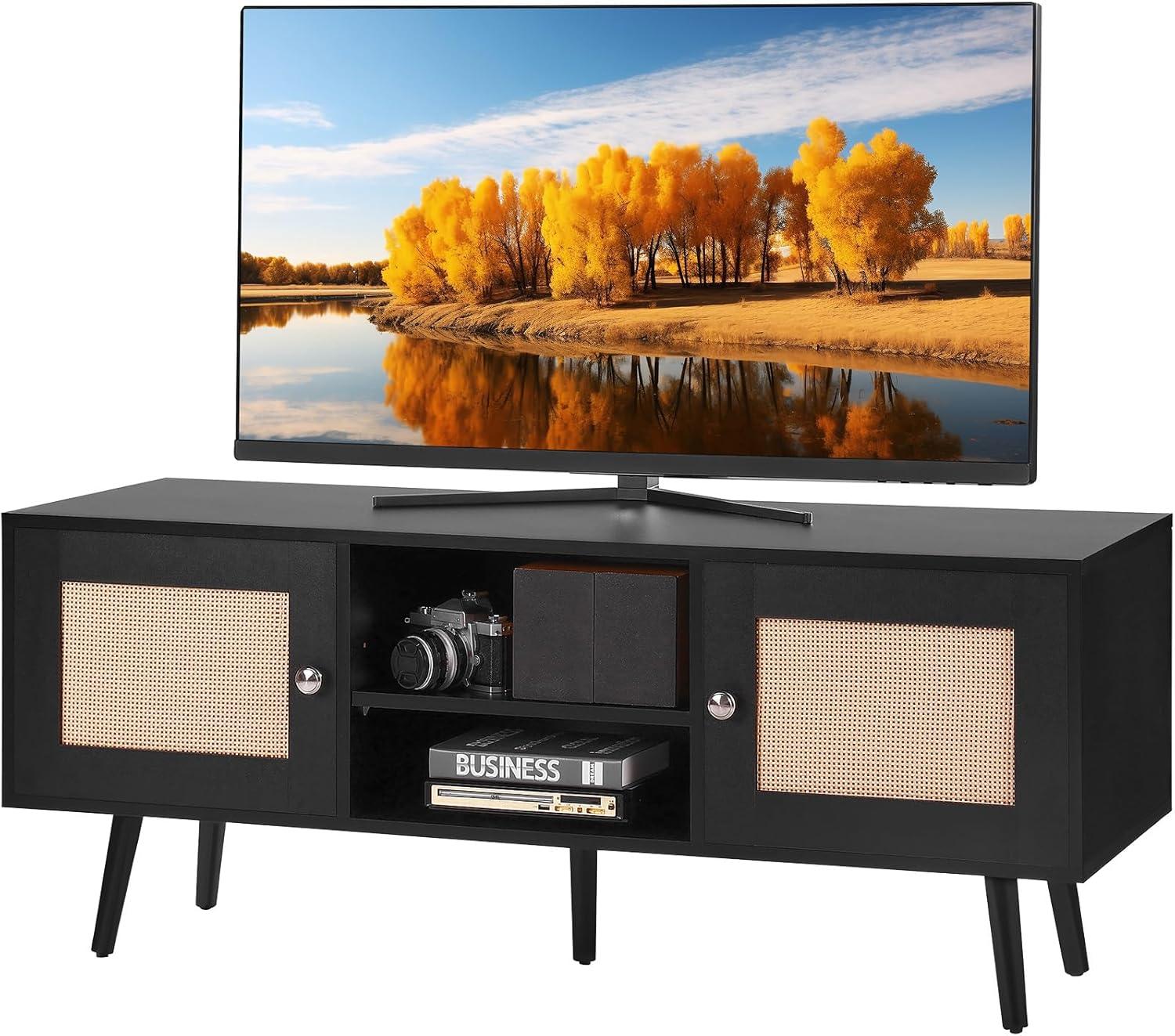 Rattan TV Stand, Boho TV Cabinet for 55 inch TV, Mid Century Modern TV Stand, Rattan TV Console with Adjustable Shelfs for Living Room, Media Room, Black