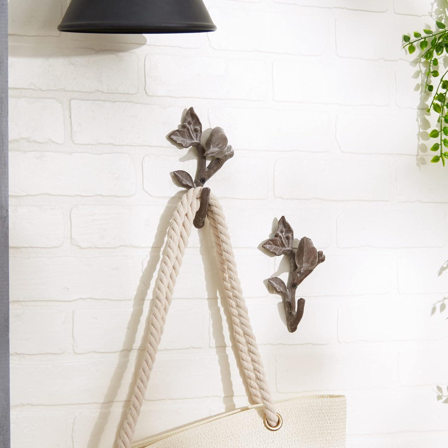 Cast Iron Bird with Leaves Wall Hook, Brown - Set of 2
