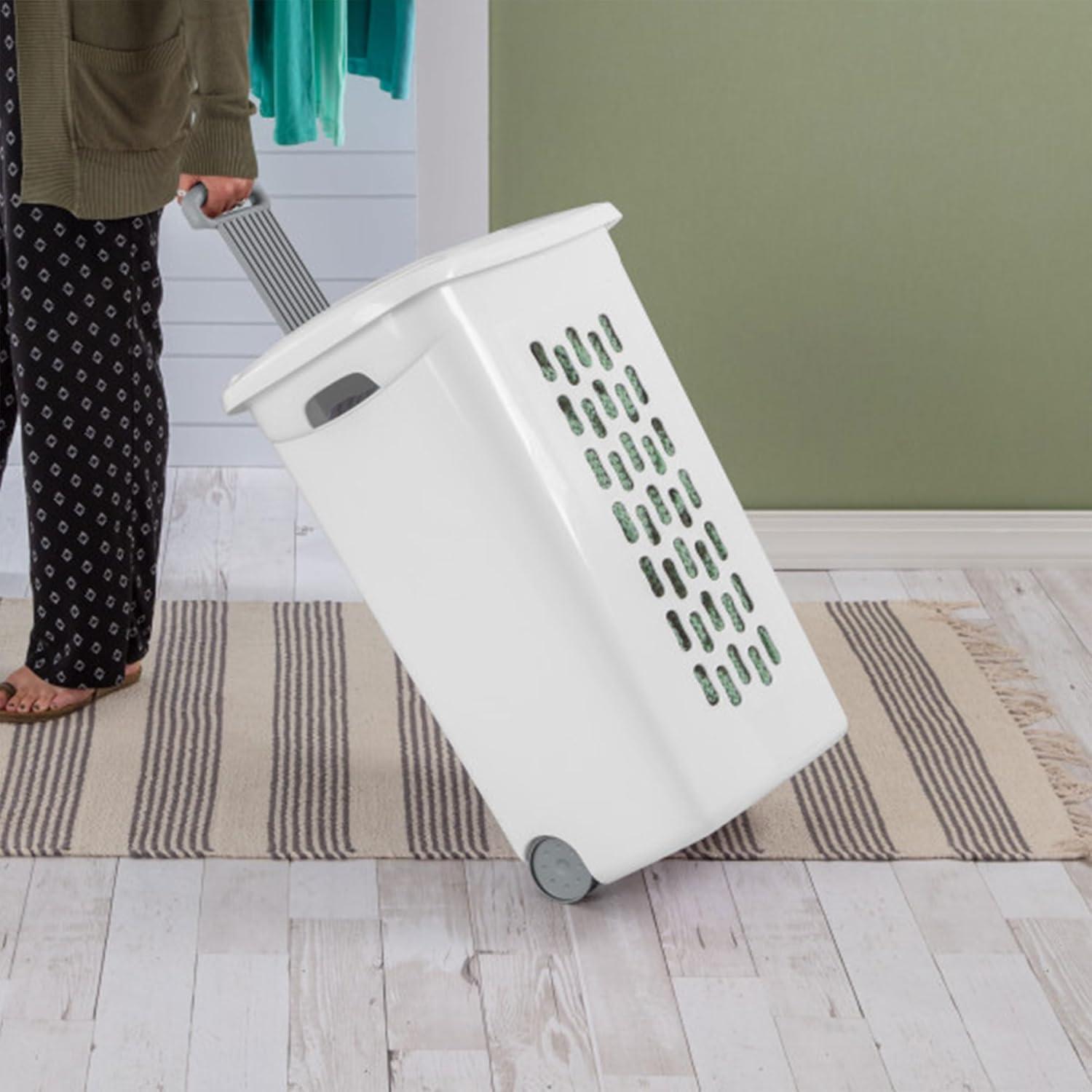 White Plastic Wheeled Laundry Hamper with Lid