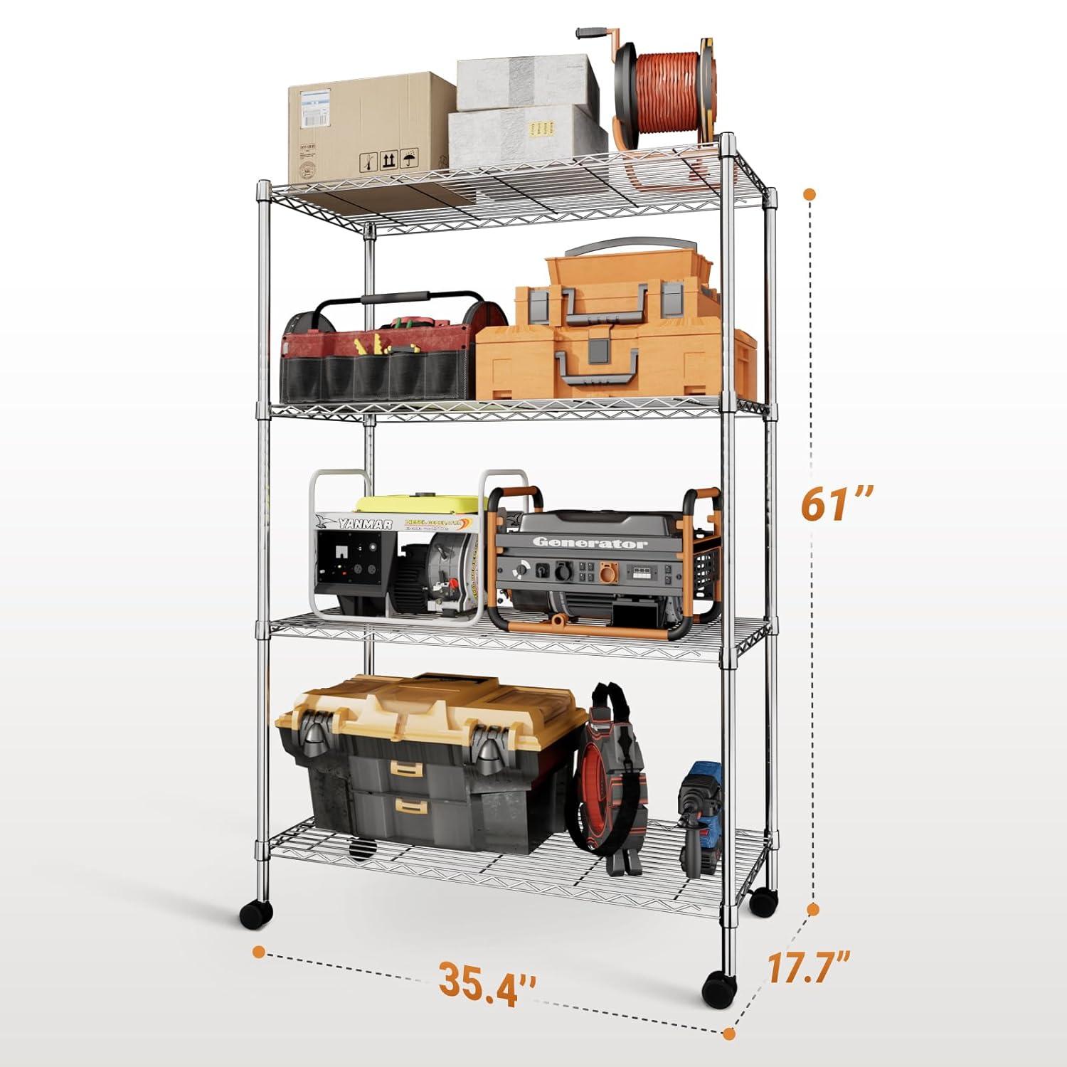 Simple Deluxe Heavy Duty 4-Tier Shelving with Wheels, 35.43" W x 17.72" D x 61.02" H Adjustable Steel Organizer Wire Rack, 1400 Lbs Loading Capacity, Chrome