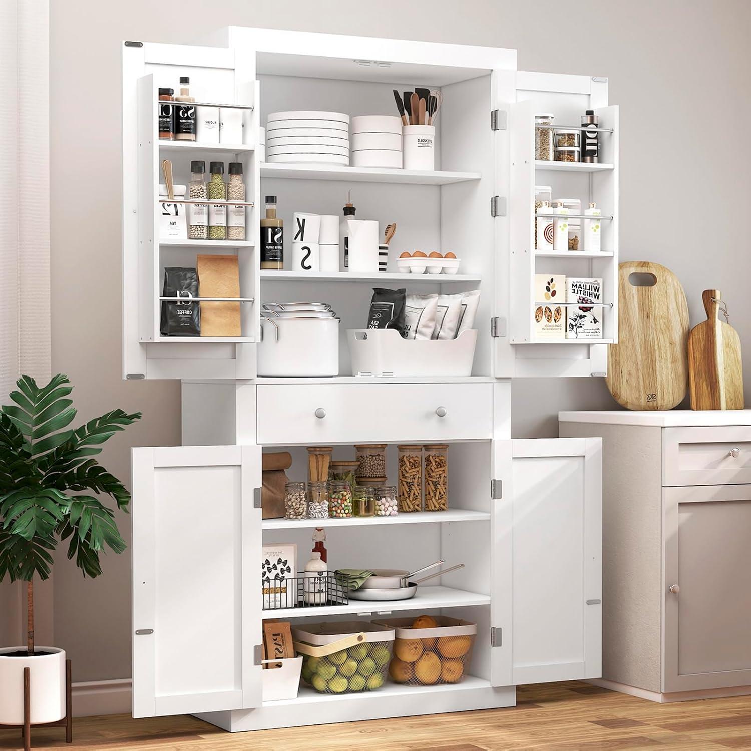 usikey 72” Pantry Cabinet, Tall Kitchen Storage Cabinet with 4 Doors and 1 Drawer, Cupboard with 6 Hanging Shelves and Adjustable Shelves for Kitchen, Dining Room, Living Room, White