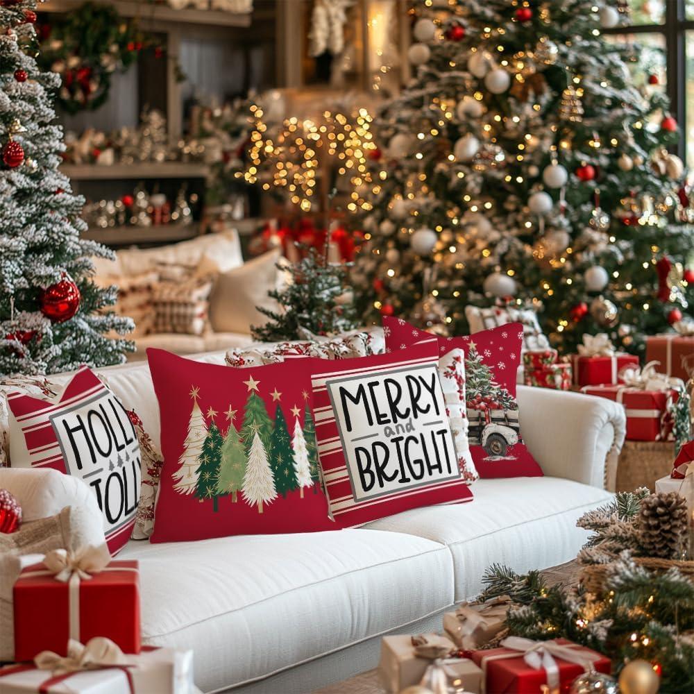 BEAUTY Merry Christmas Throw Pillow Covers 18 x 18 Inch Set of 4  Red Barn Merry & Bright Xmas Farmhouse Holiday Pillowcases for Home Outdoor Decoration CP053-18