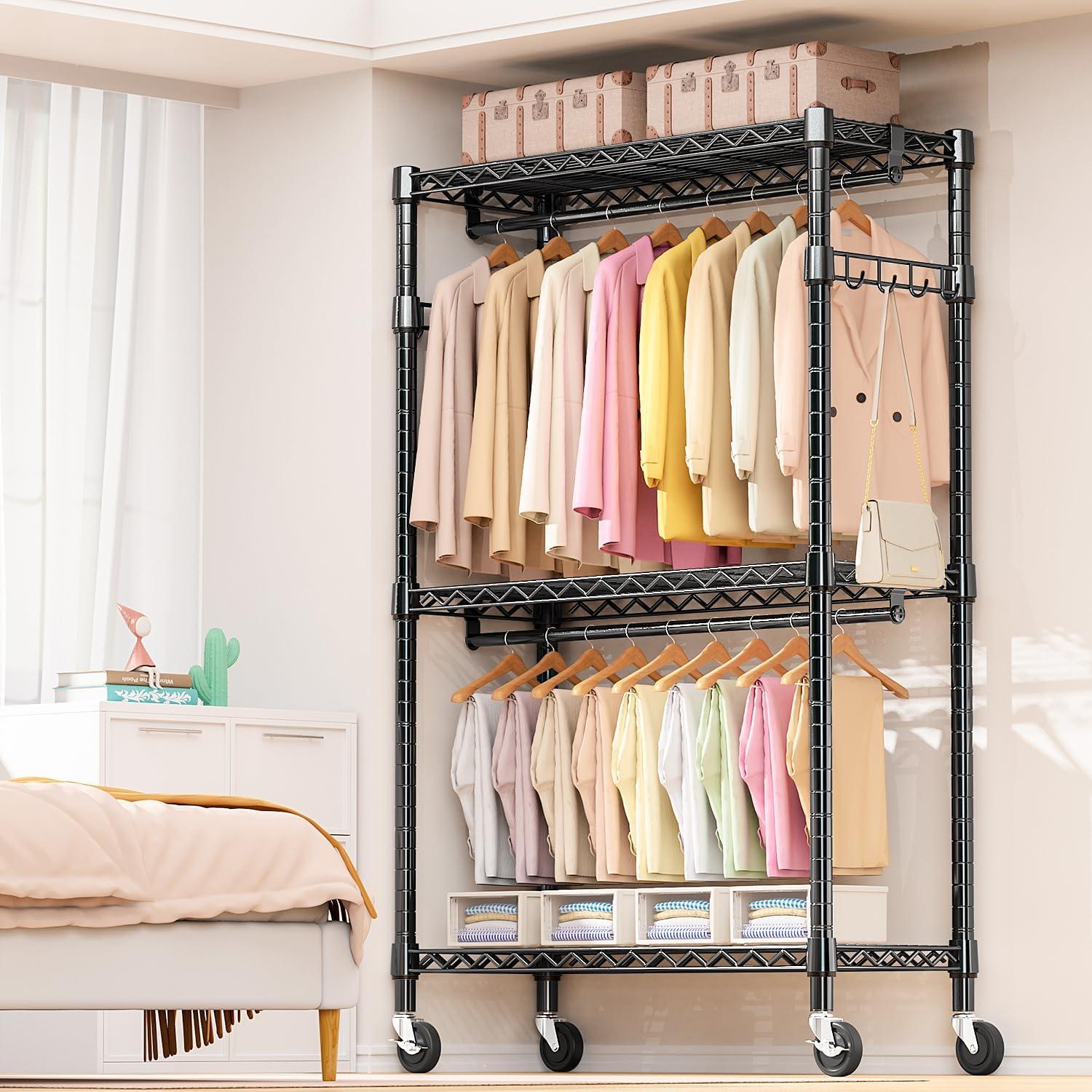 Heavy Duty Clothes Rack Rolling Garment Rack,3 Tier Adjustable Wire Shelving Clothing Racks for Hanging Clothes with Double Rods&Side Hooks,Freestanding Wardrobe Storage Rack Metal Portable Closet