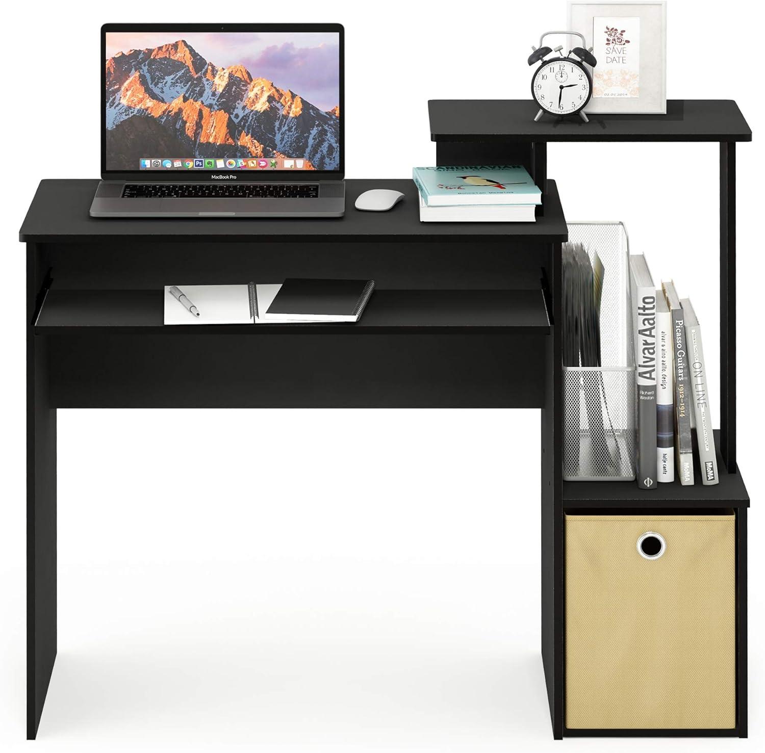 Compact Black/Brown Engineered Wood Home Office Desk with Drawers