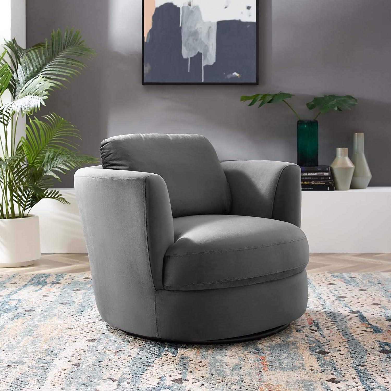 Modway Pirouette Performance Velvet Swivel Fabric Armchair in Gray