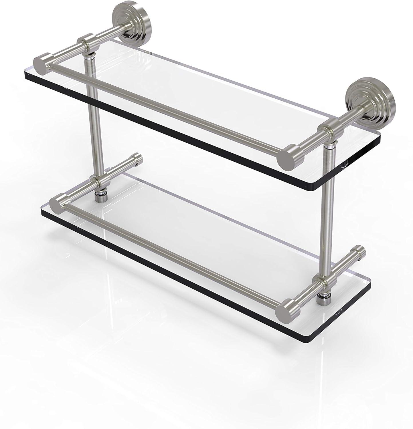 16" Satin Nickel Double Glass Wall Shelf with Gallery Rail