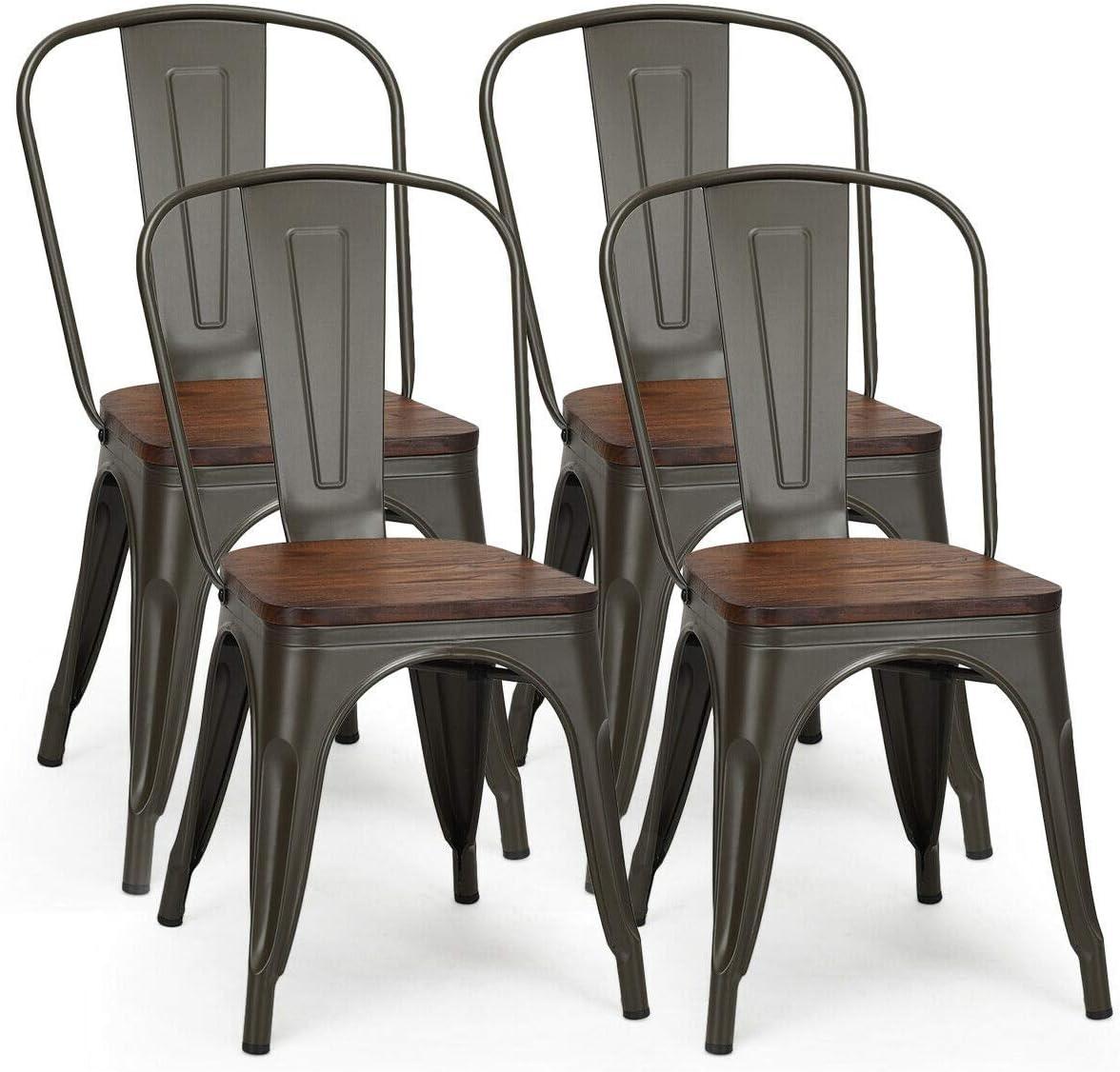 Costway Set of 4 Style Metal Dining Side Chair Wood Seat Stackable Bistro Cafe