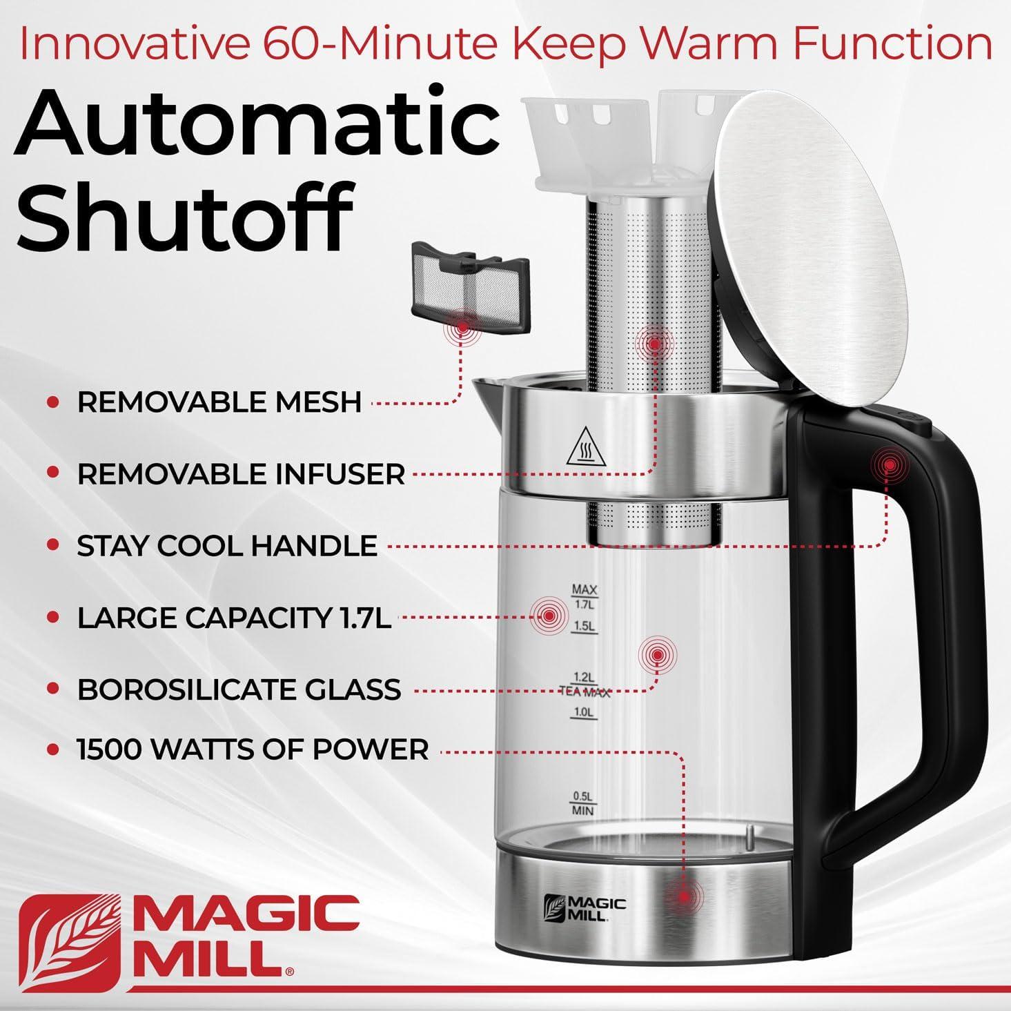 Magic Mill Pro Electric Kettle with Tea Infuser and Temperature Control - Keep Warm Function, Rapid Boil, Automatic Safety Shut Off, BPA Free, No Plastic on Water, British Patent Technology, 1.7L