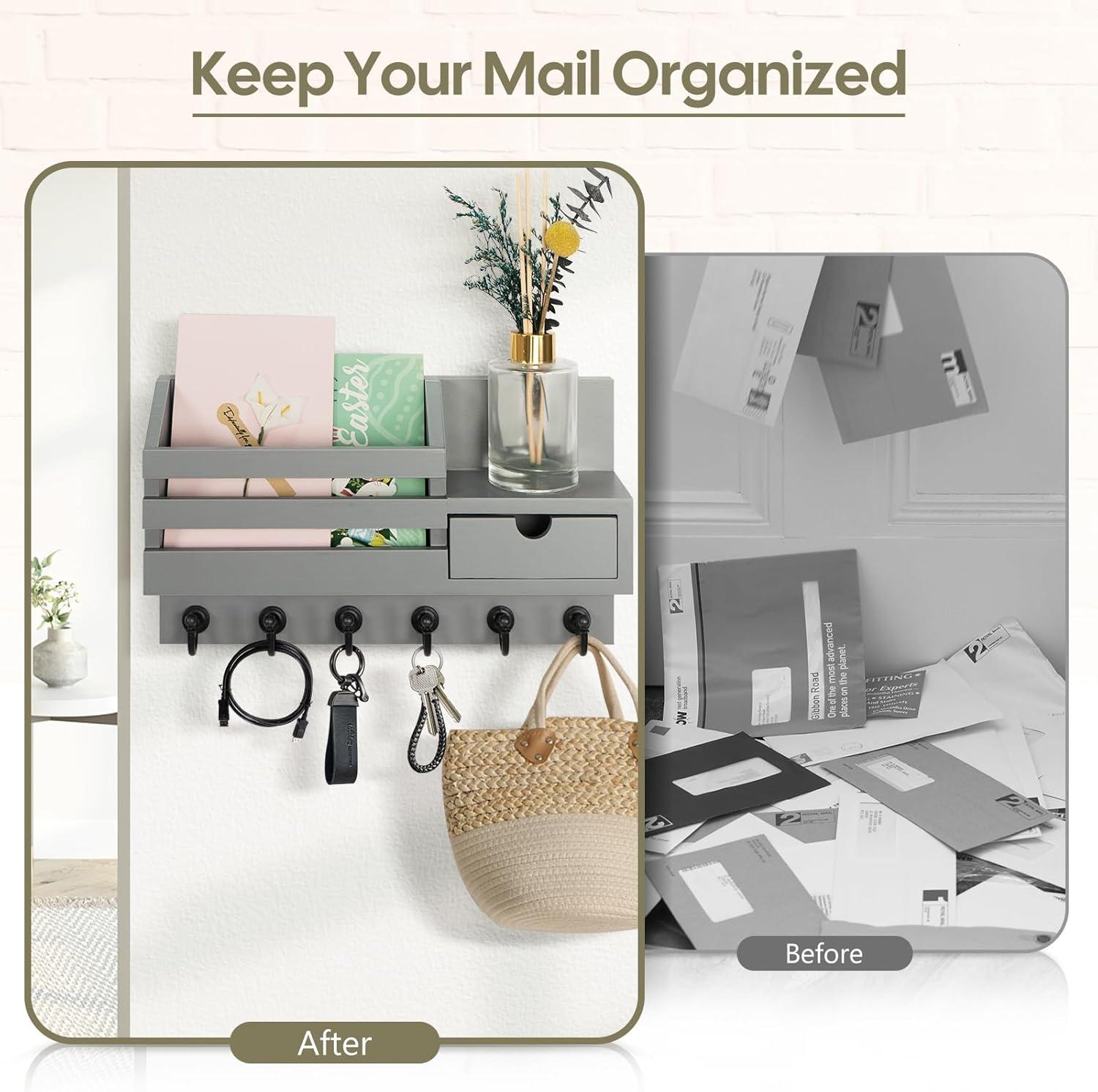 Gray Wall-Mounted Mail Organizer with Hooks and Drawer