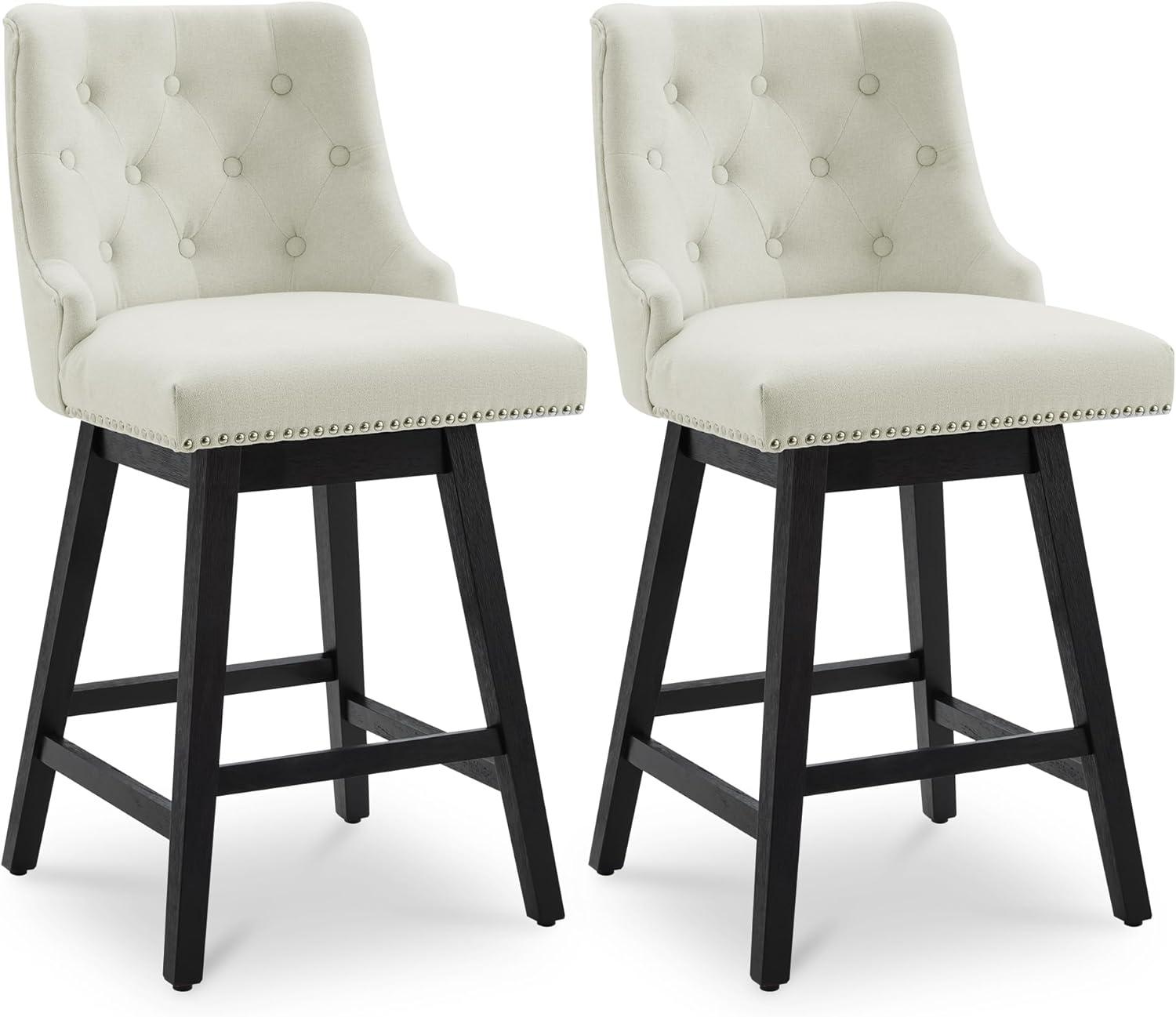 Off-White Upholstered Swivel Counter Stools with Wood Legs, Set of 2