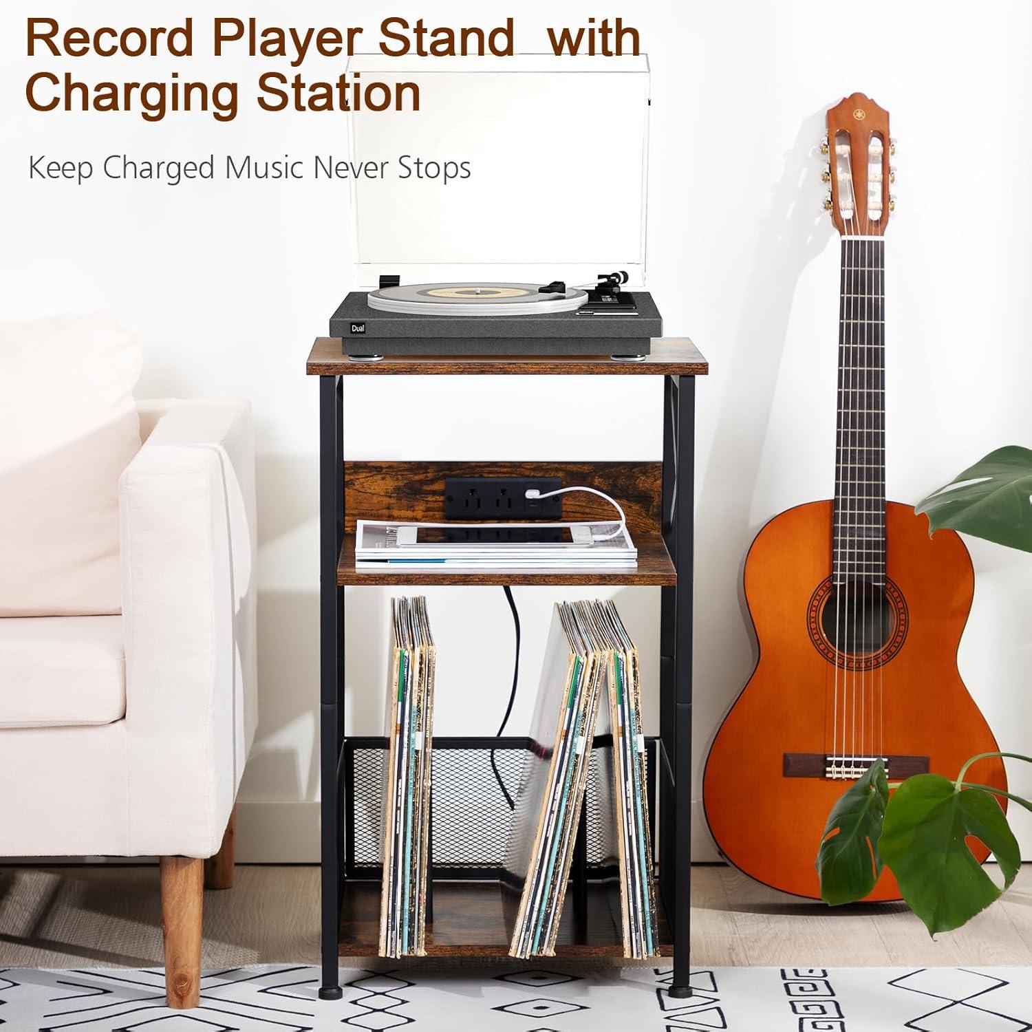 Record Player Stand with Charging Station, Turntable Stand with Storage Cabinet, 3 Tier End Table Hold Up to 100 Albums, Record Stand for Vinyl, Living Room, Rustic Brown