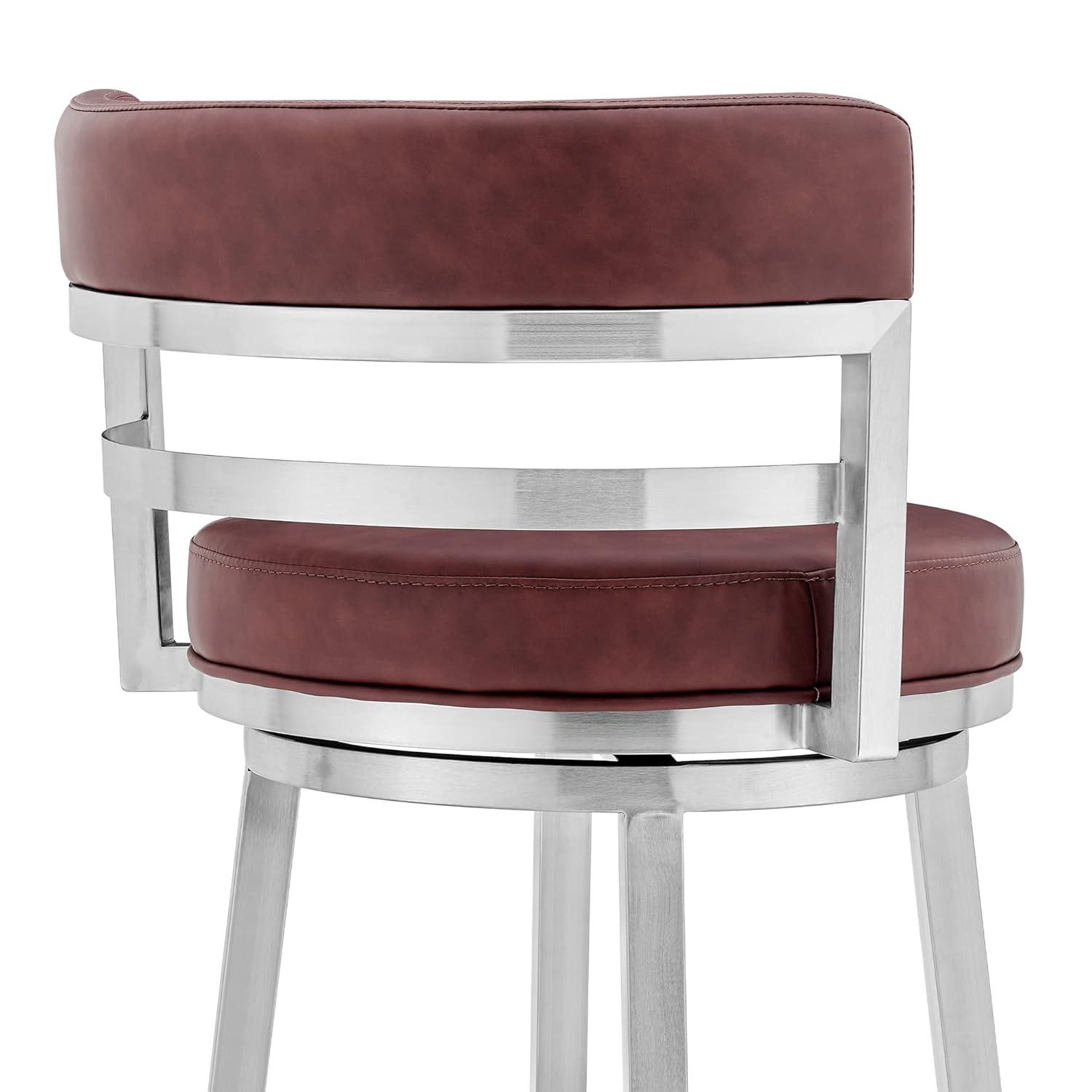 Armen Living Titana 30" Bar Height Swivel Red Faux Leather and Brushed Stainless Steel Bar Stool