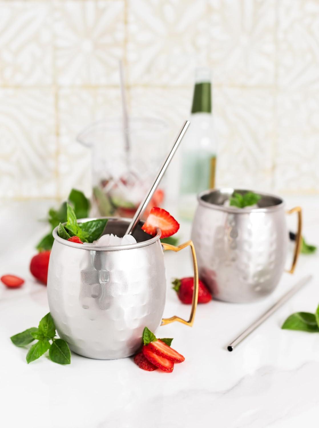 Sol Living Moscow Mule Mugs Set of 4, 14 oz Stainless Steel Lining Silver Cups Handcrafted Barware Set for Cocktails Mixed Drinks Bar Accessories Gift Set Hammered Finish Mugs Perfect for Cold Drinks