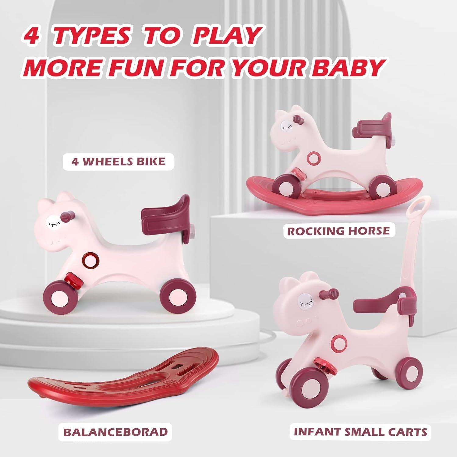 4 in 1 Rocking Horse for Toddlers 1-3 Years Old, Baby Rocking Toy Fun Birthday Gift for 1+ Girls, Ride on Toy with Detachable Balance Board and Footrest,Balance Bike with Push Handle,Pink