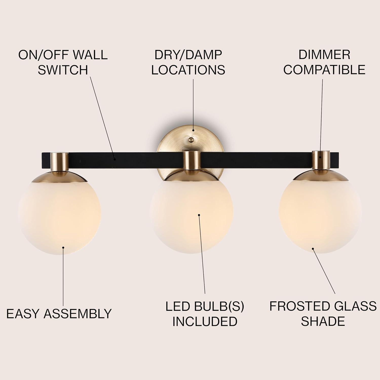 Modernist Globe 24" 3-Light Metal/Frosted Glass Modern Contemporary LED Vanity, Brass Gold/Black