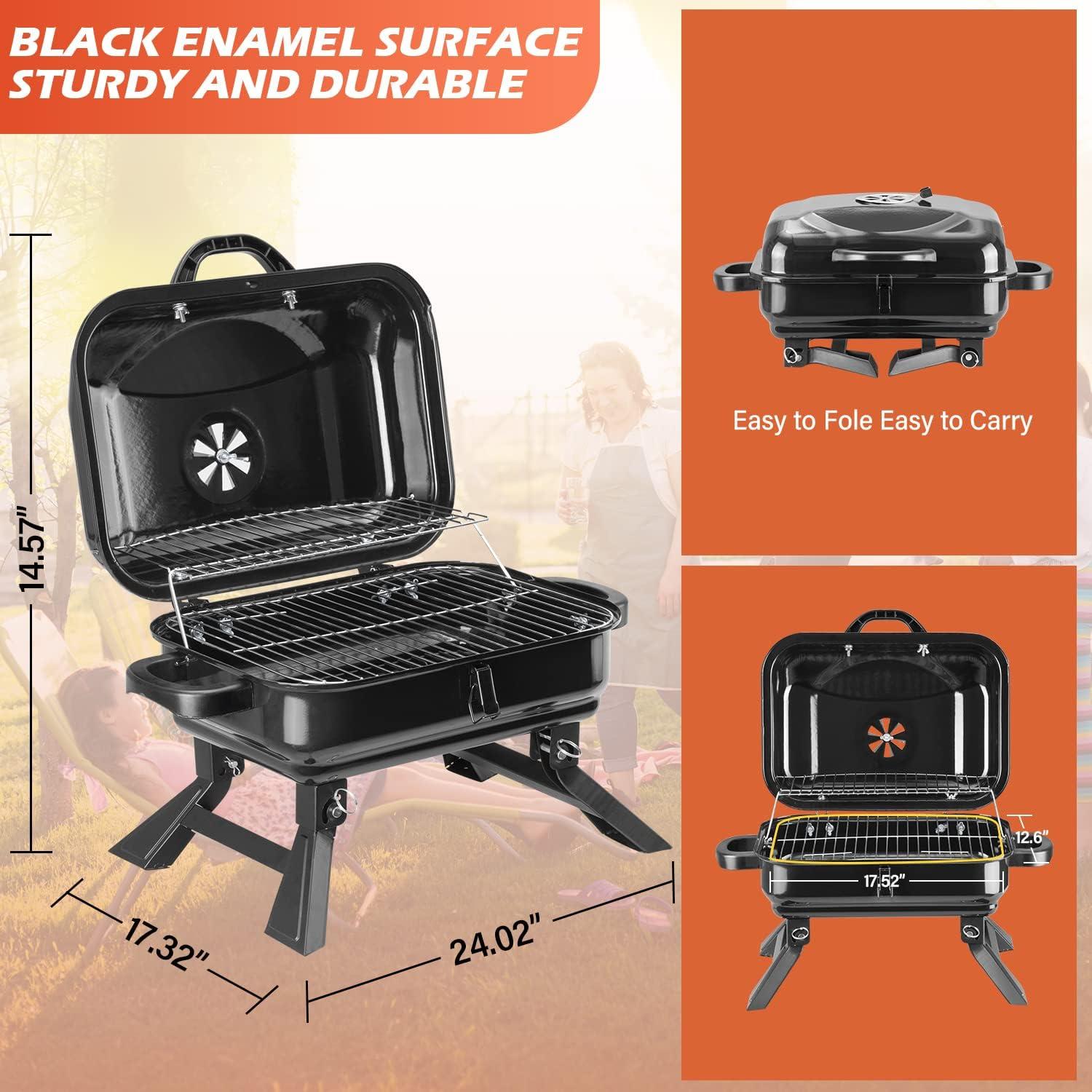 Portable Black Stainless Steel Charcoal BBQ Grill with Smoker