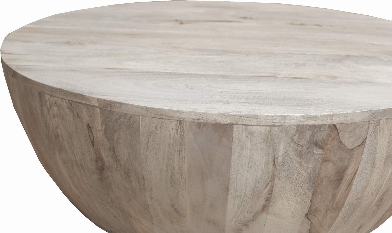 12 Inch Round Mango Wood Coffee Table, Subtle Grains, Distressed White - Saltoro Sherpi