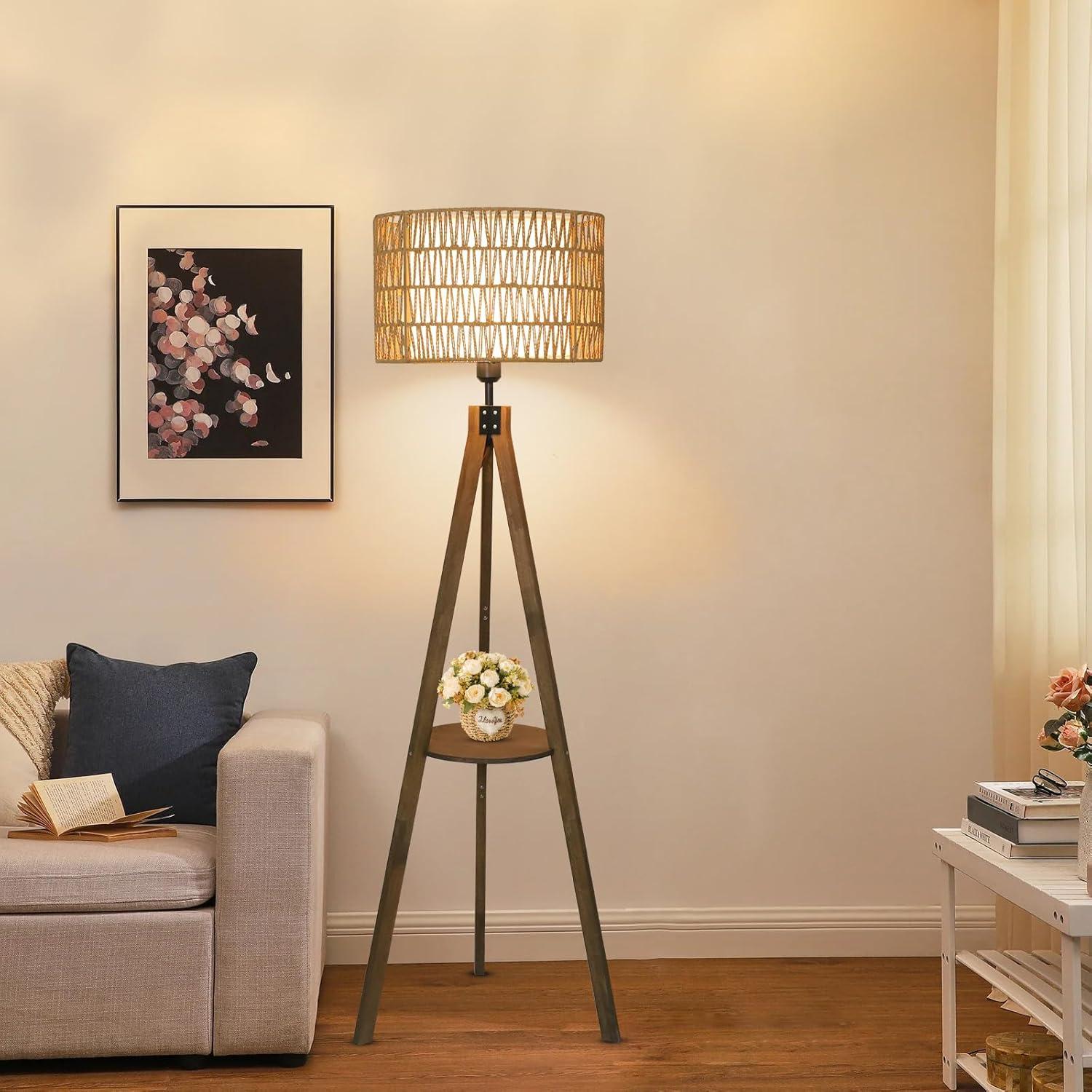 Boho Tripod Floor Lamp with Shelves, Mid Century Wood Standing Lamp with Rattan & Fabric Shades, ON/Off Foot Switch, Modern Farmhouse Tall Floor Lamps for Living Room Bedroom Office