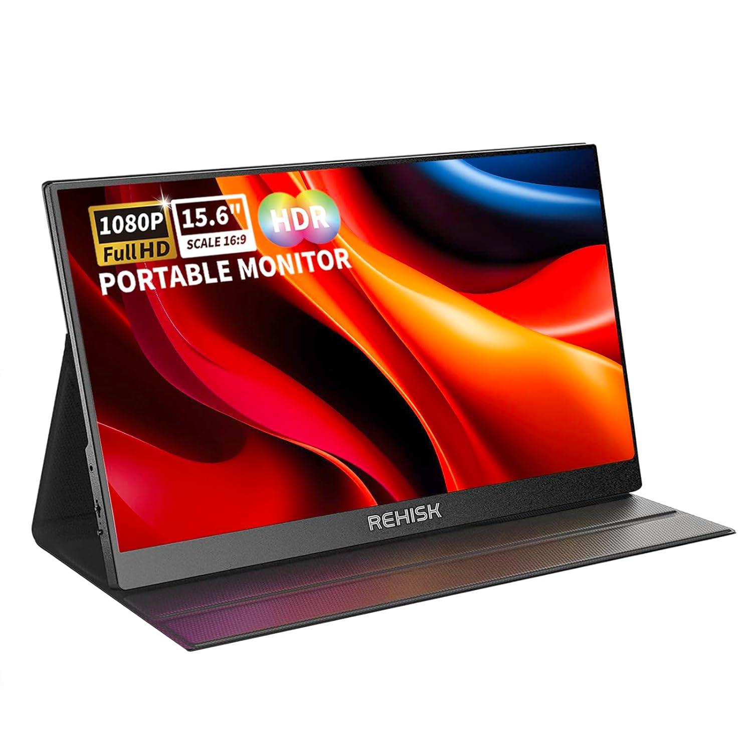 Portable Monitor 15.6" 1080P FHD USB-C HDMI Computer Display with Smart Cover and Dual Speakers, Travel Monitor for Laptop Mac PC Phone PS4/5 Xbox Switch