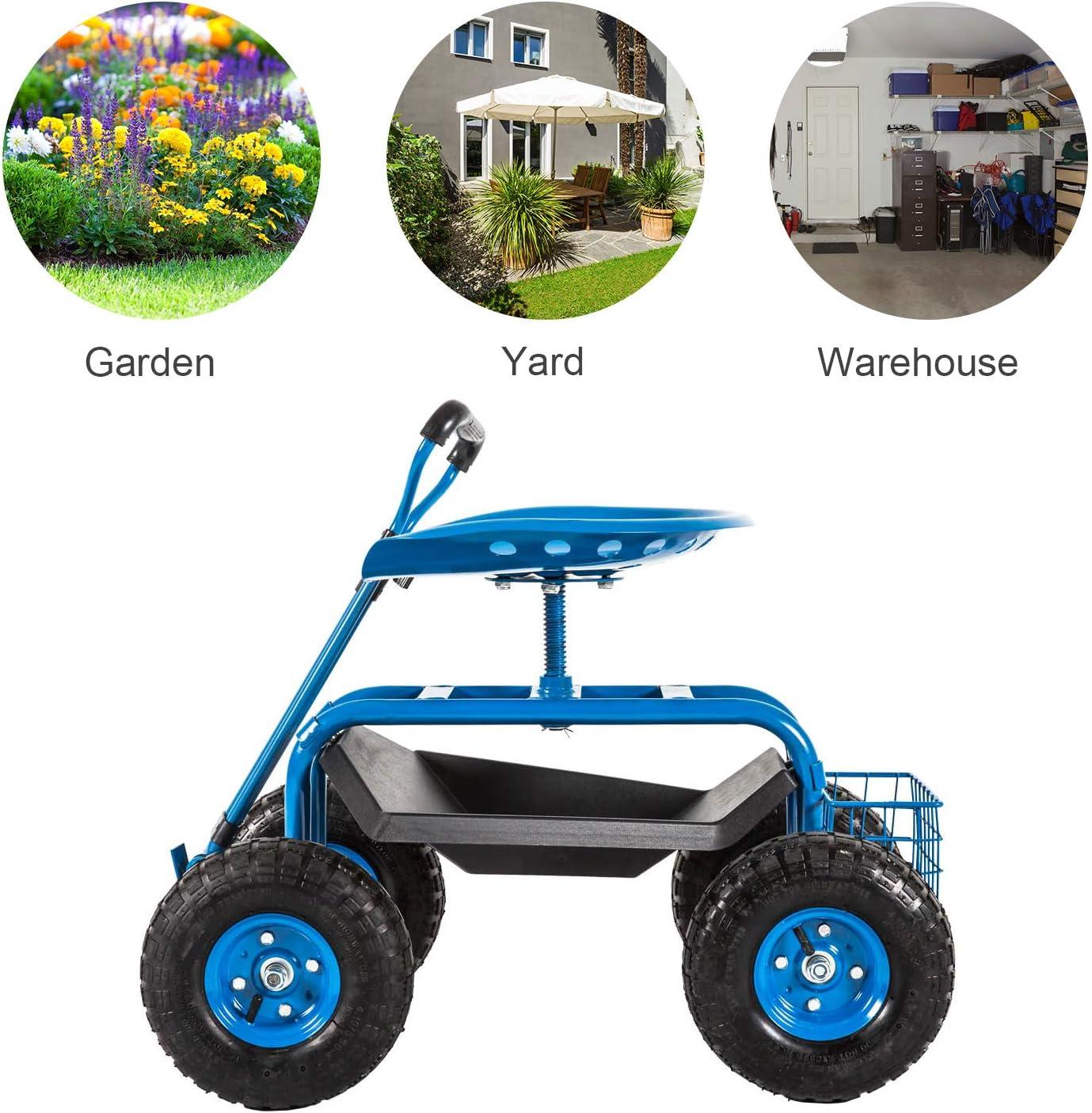 Rolling Garden Cart Scooter Stool - Garden Seat with Wheels Garden Cart with Seat, Adjustable Handle 360 Degree Swivel (Blue)