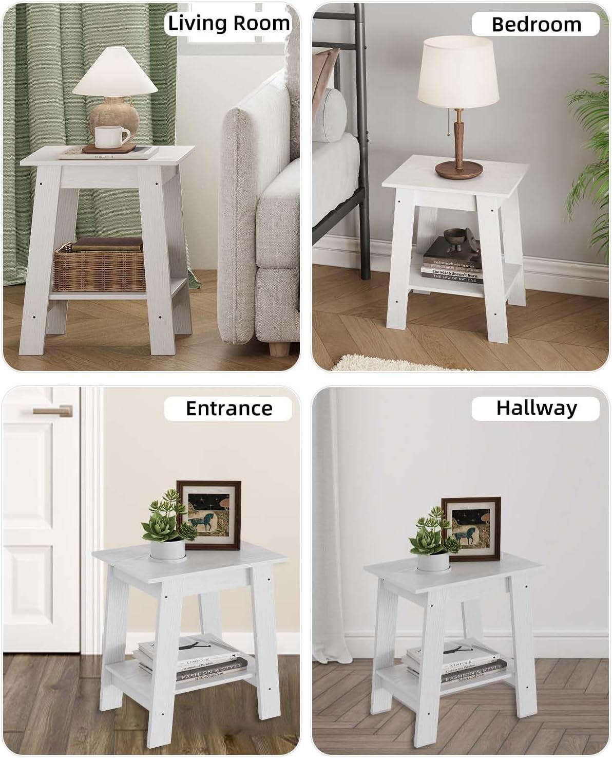 Nasitip 2-Tier End Table, Small Side Table, Nightstand with Storage Shelf, Narrow Side Table for Small Spaces(White)