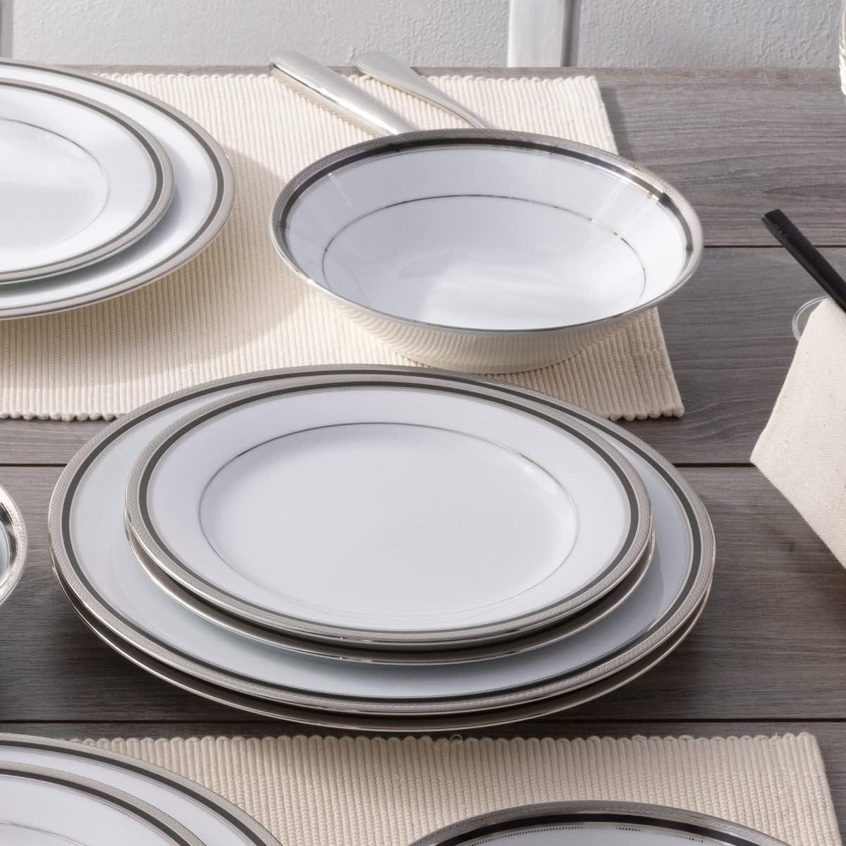 Austin Platinum 12-Piece White Porcelain Dinnerware Set with Metal Accents