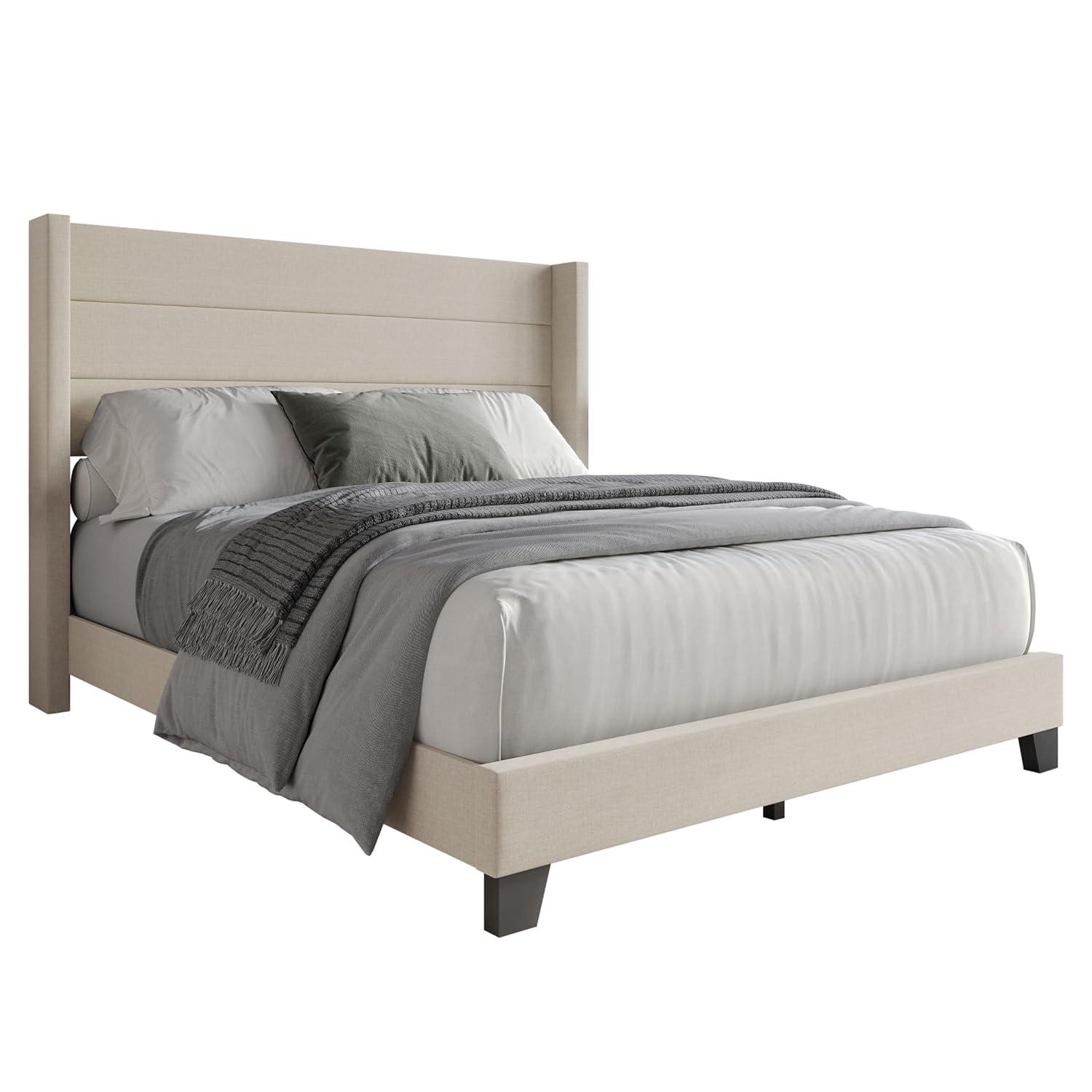 Flash Furniture Hollis Queen Upholstered Platform Bed with Wingback Headboard, No Box Spring Needed, Beige Faux Linen