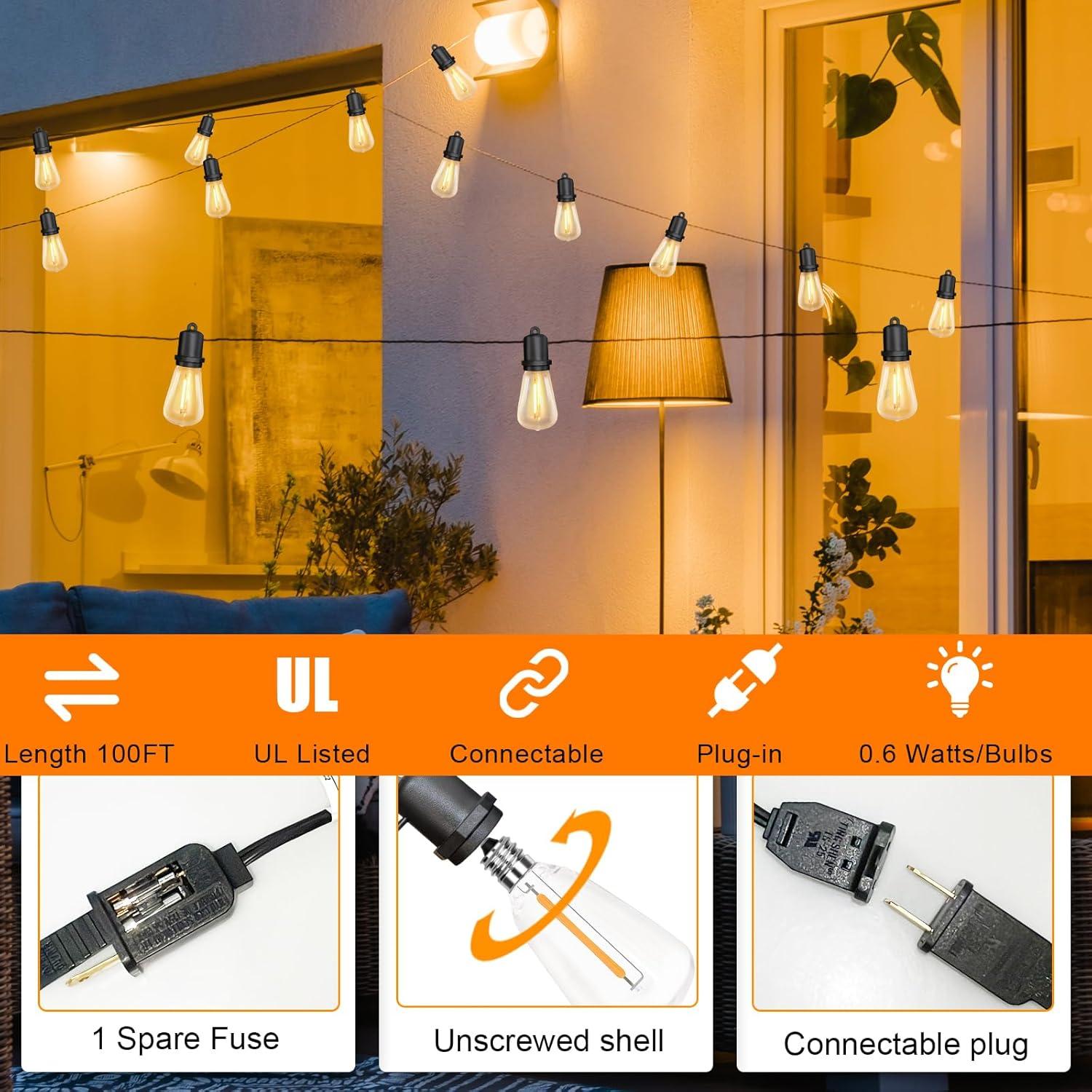 Arlmont & Co. Arlmont & Co. LED Outdoor String Lights 100FT Patio Lights With 52 Shatterproof ST38 Vintage Edison Bulbs