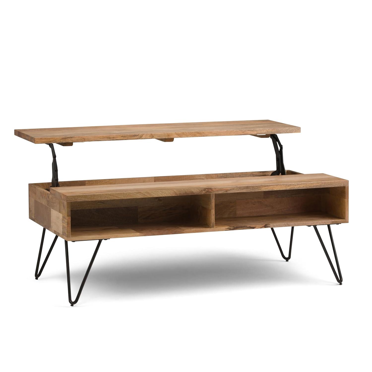 Hunter 48"W Solid Wood Industrial Lift Top Coffee Table with Hidden Storage and Metal Hairpin Legs
