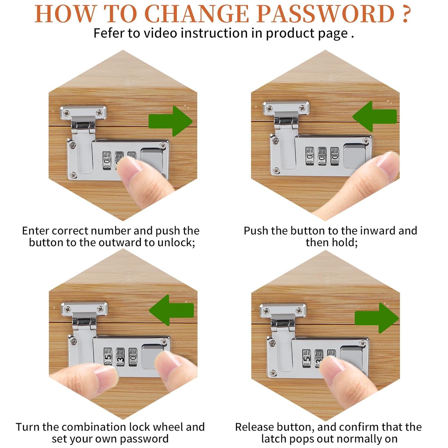 Large Bamboo Box with Combination Lock, Decorative Storage Box with Detachable Compartment, Wooden Boxes with Alright Jars & Brushes as Great Gift Choice.