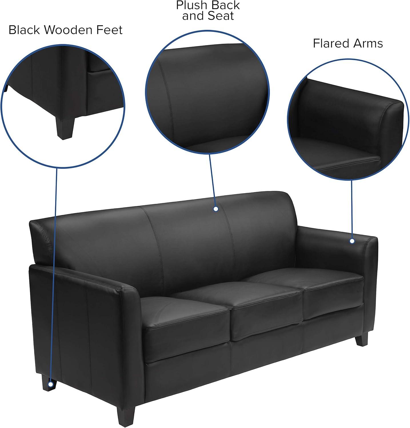 Contemporary Black LeatherSoft 3-Seat Sofa with Flared Arms and Wood Feet