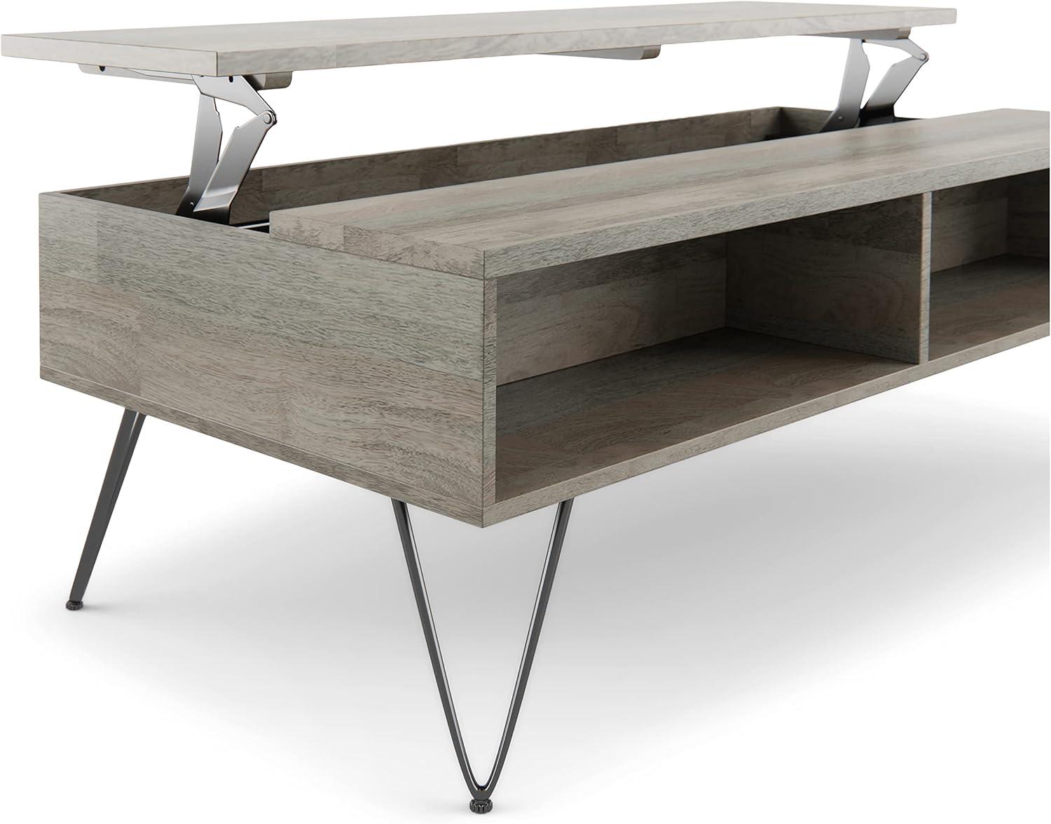 Hunter 48"W Solid Wood Industrial Lift Top Coffee Table with Hidden Storage and Metal Hairpin Legs
