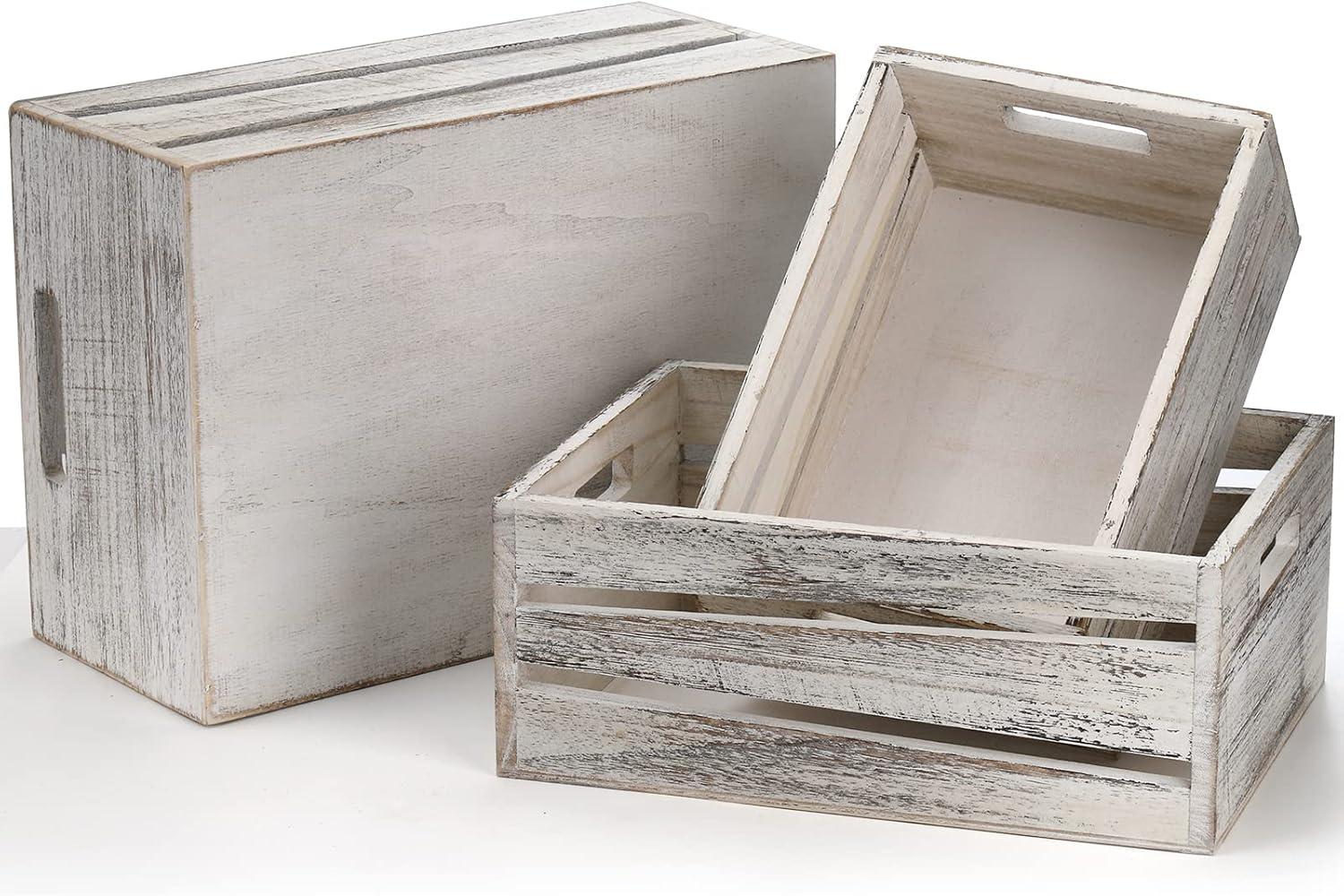 Rustic White Wooden Stackable Storage Crates Set of 3