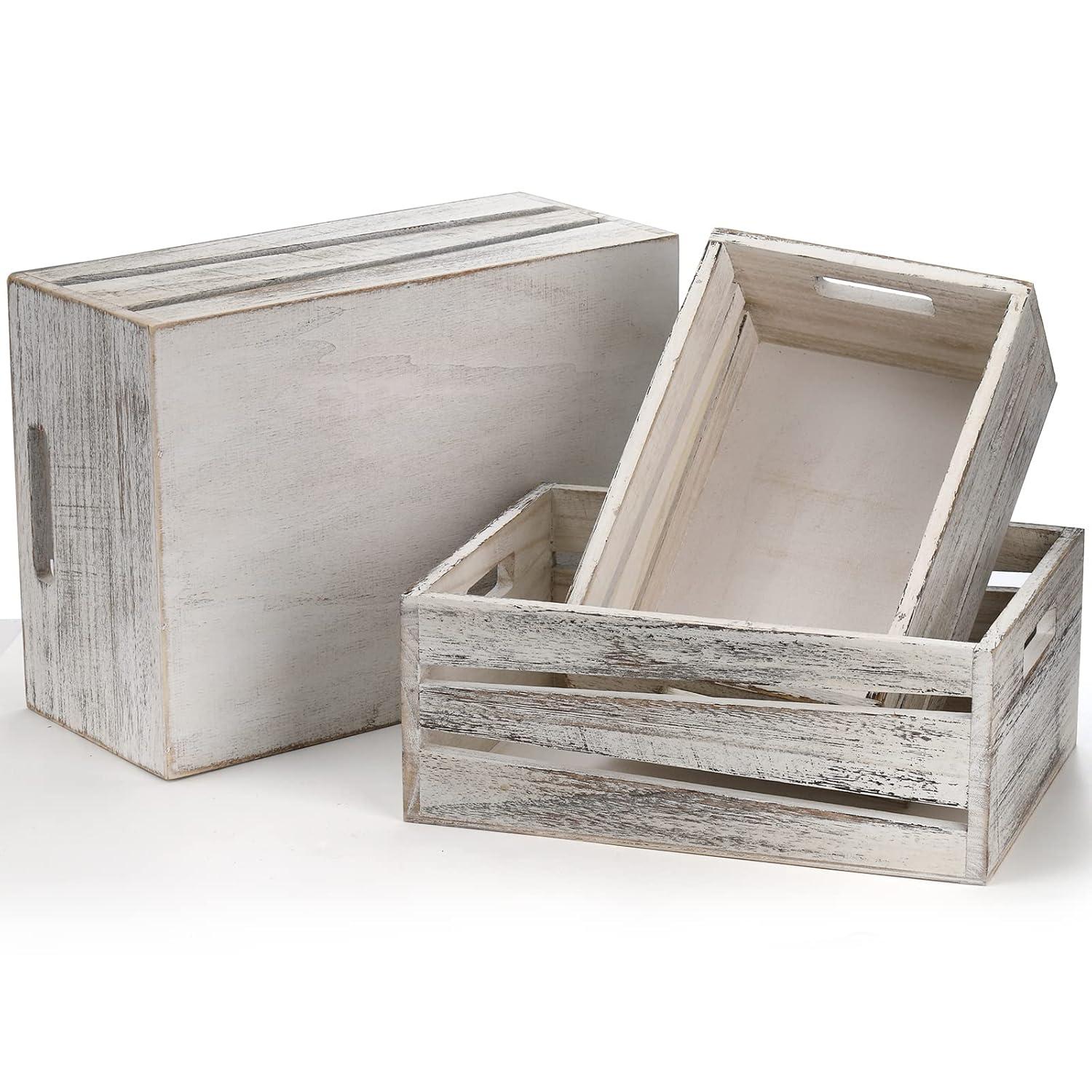 Admired By Nature Wooden Crates Storage Container, Rustic White Set of 3, Farmhouse Style Decorative Baskets for Home Decor, Rustic Decor, Nesting Stackable Organizers, Distressed Wood Crates C21